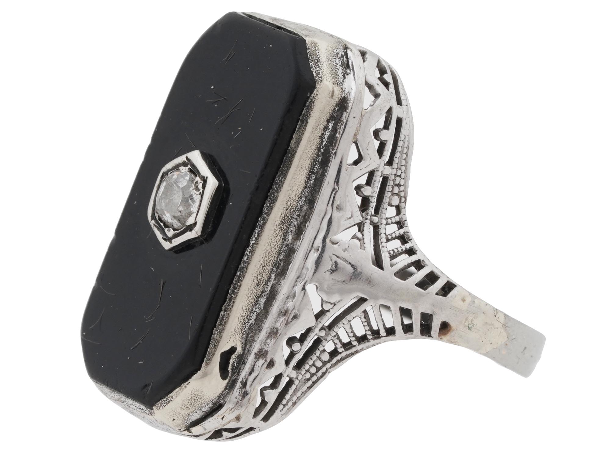 14K WHITE GOLD BLACK AGATE DIAMOND JEWELRY RING PIC-2