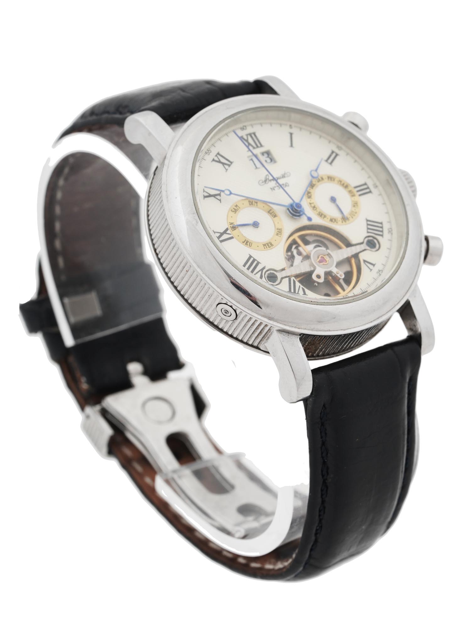 MODERN GUILLOCHE WRIST WATCH W LEATHER BRACELET PIC-0