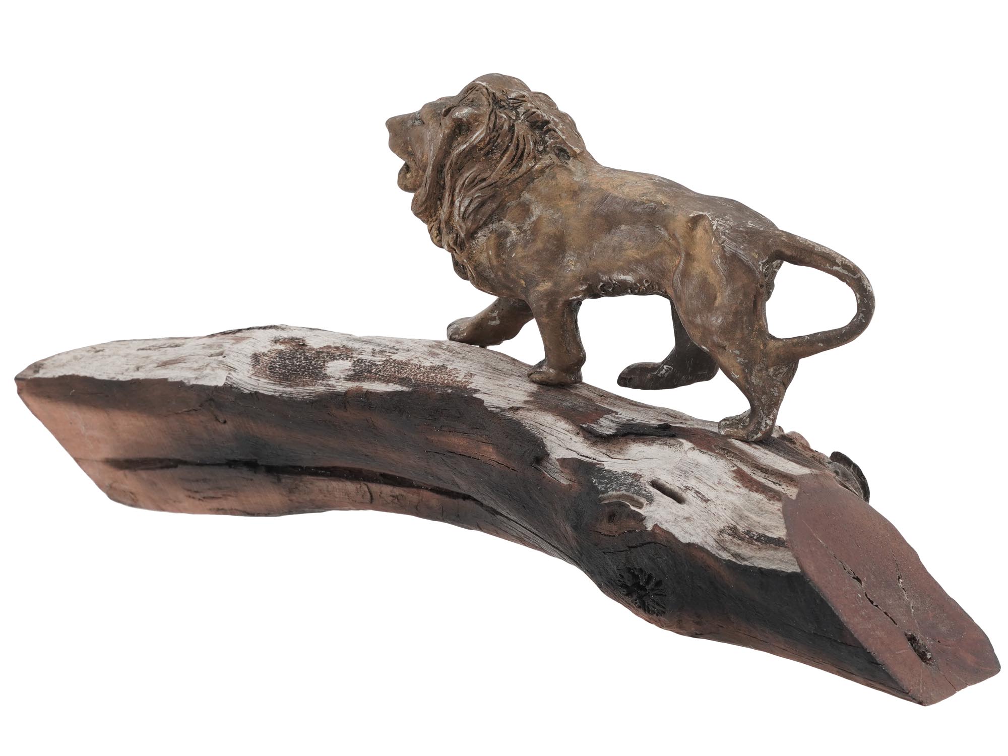 CAST BRONZE FIGURINE OF A LION ON WOODEN STAND PIC-1