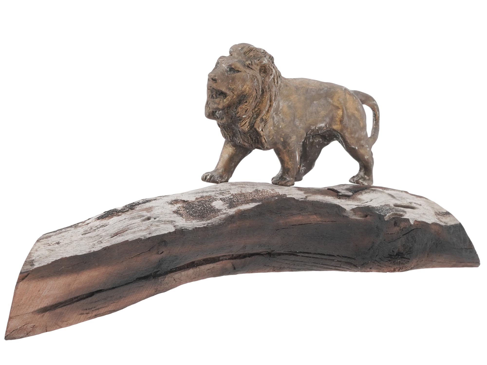 CAST BRONZE FIGURINE OF A LION ON WOODEN STAND PIC-0