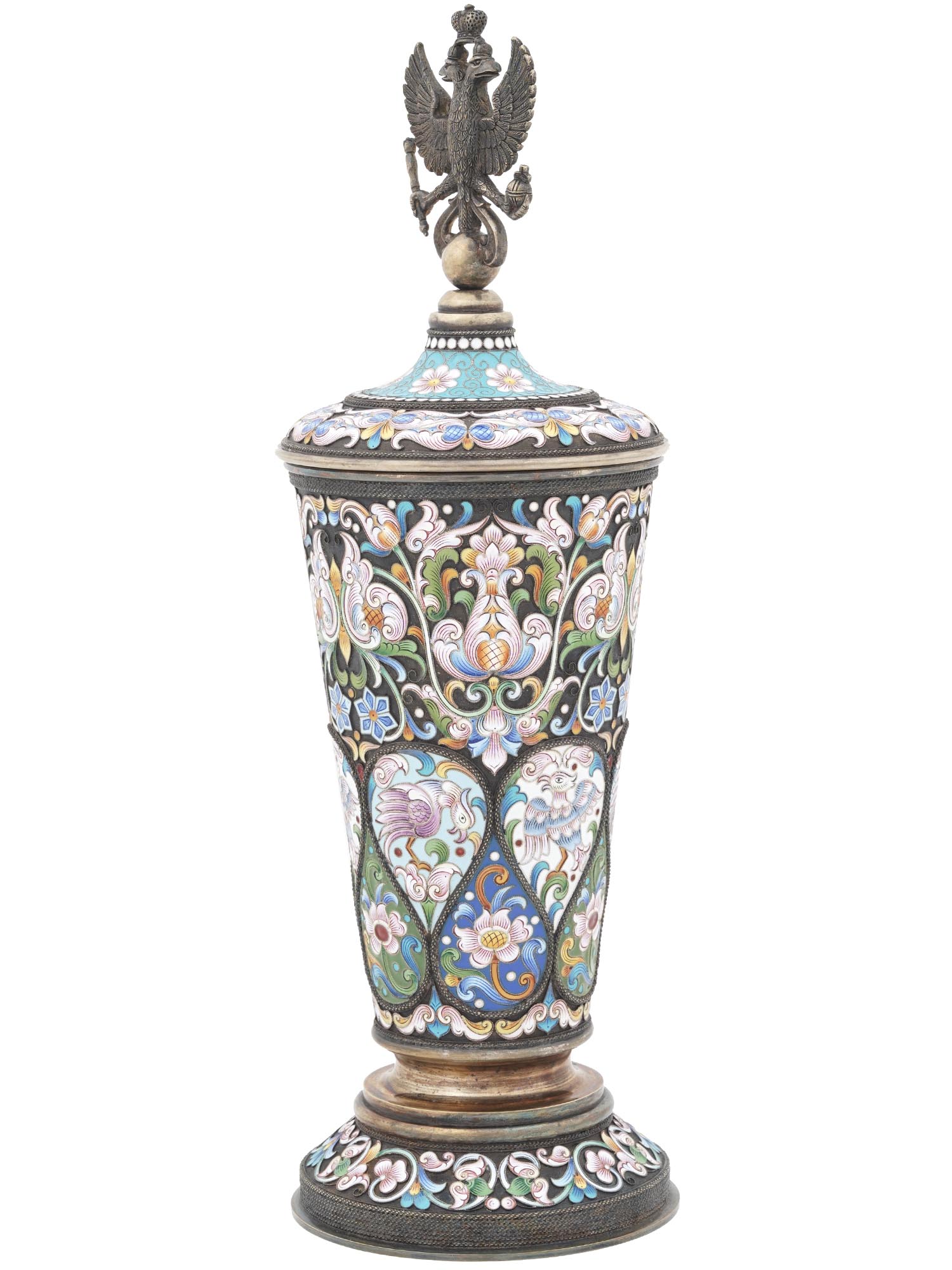 LARGE RUSSIAN SILVER CLOISONNE ENAMEL TROPHY CUP PIC-1