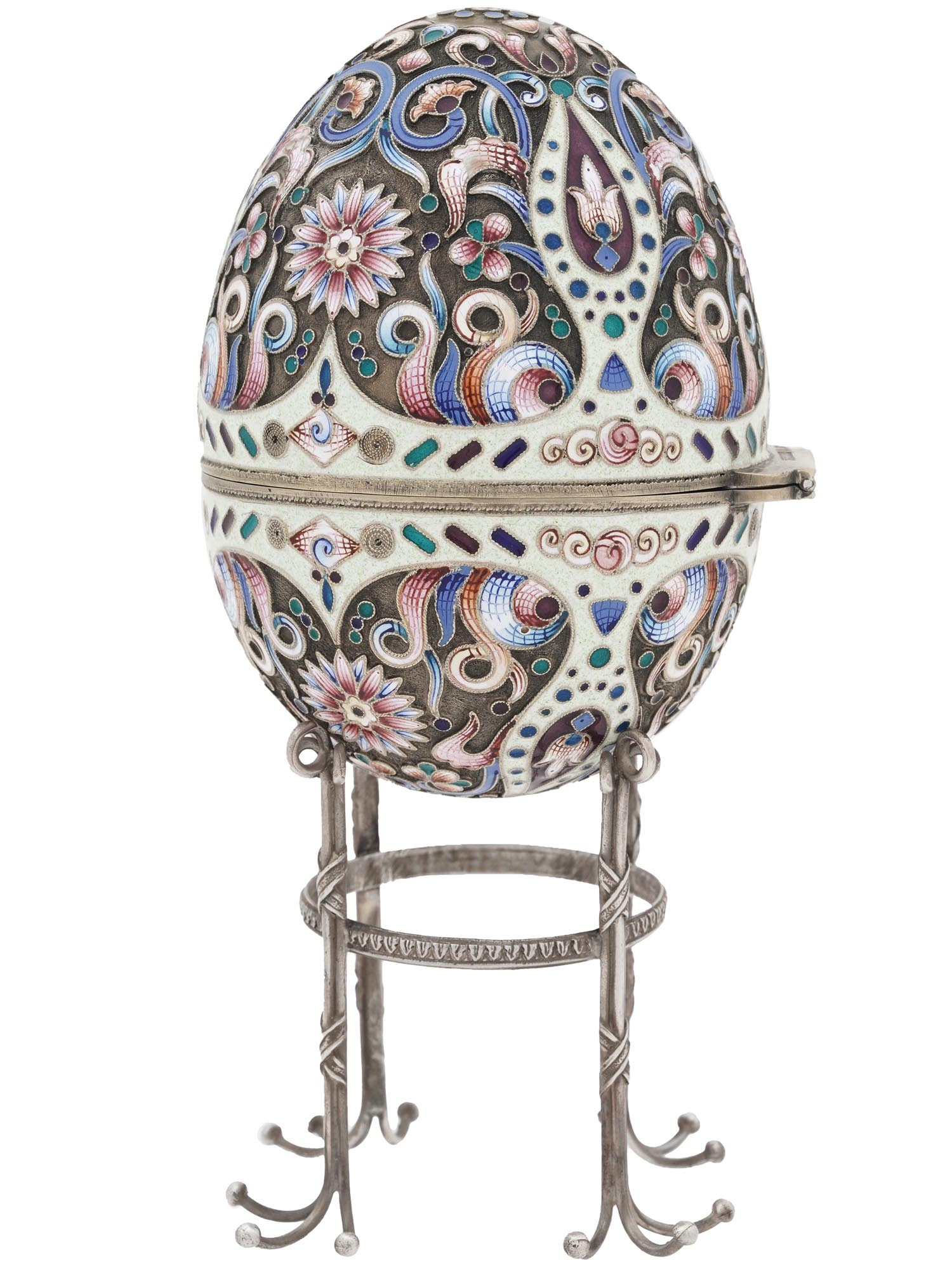 RUSSIAN 88 SILVER CLOISONNE ENAMEL EGG CASE STAND PIC-1