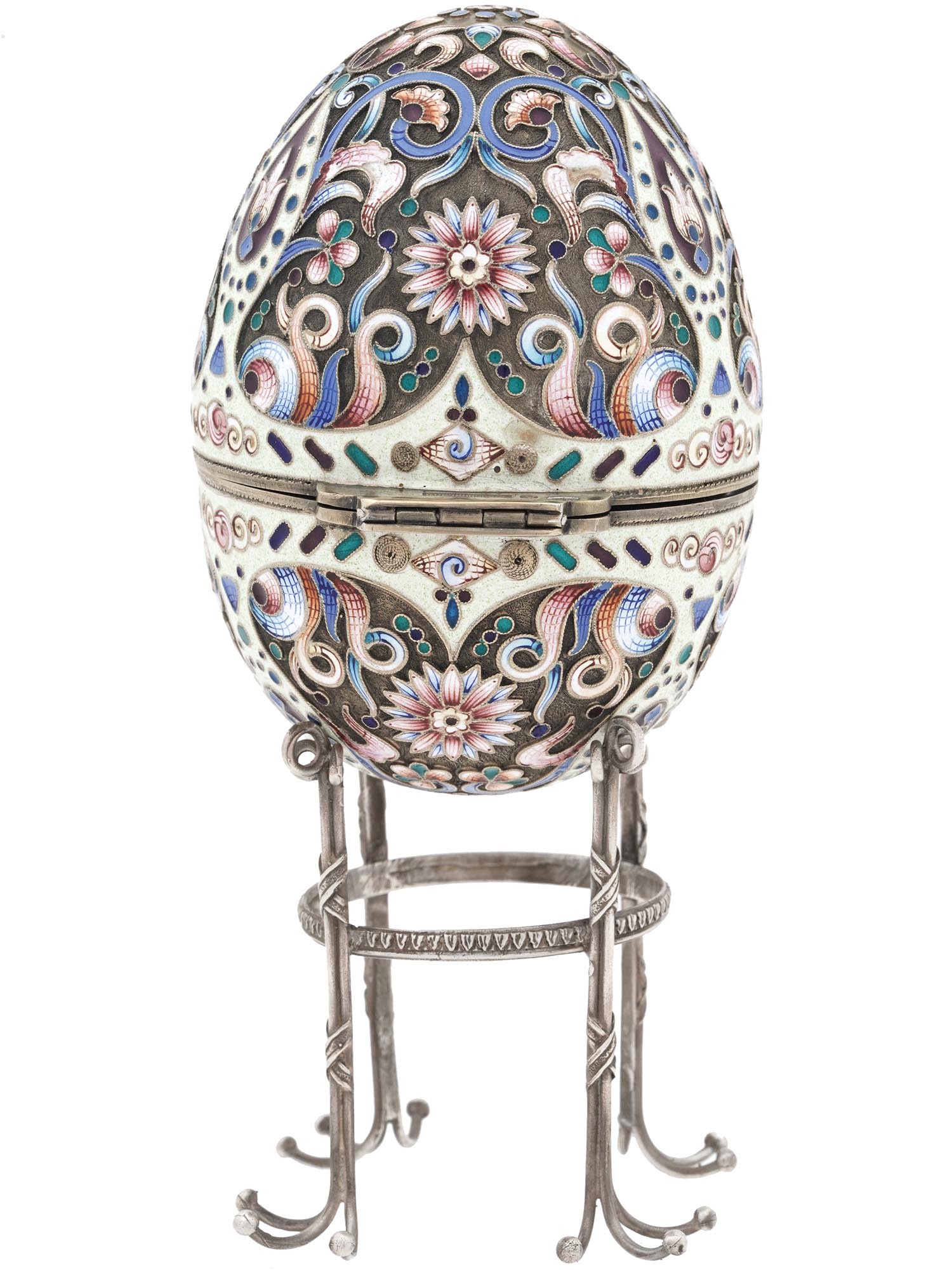 RUSSIAN 88 SILVER CLOISONNE ENAMEL EGG CASE STAND PIC-2