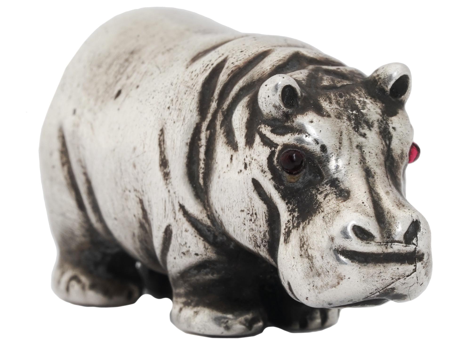 RUSSIAN SILVER FIGURE OF A HIPPO WITH RUBY EYES PIC-0