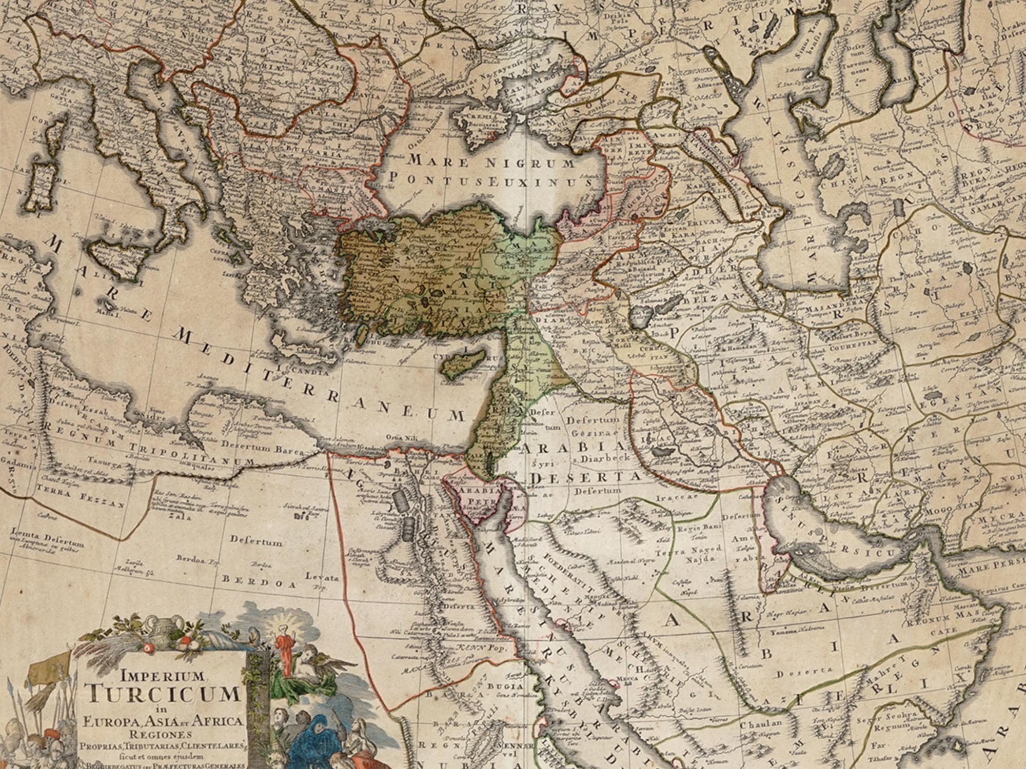 ANTIQUE 18TH C HAND COLORED MAP OF OTTOMAN EMPIRE PIC-1