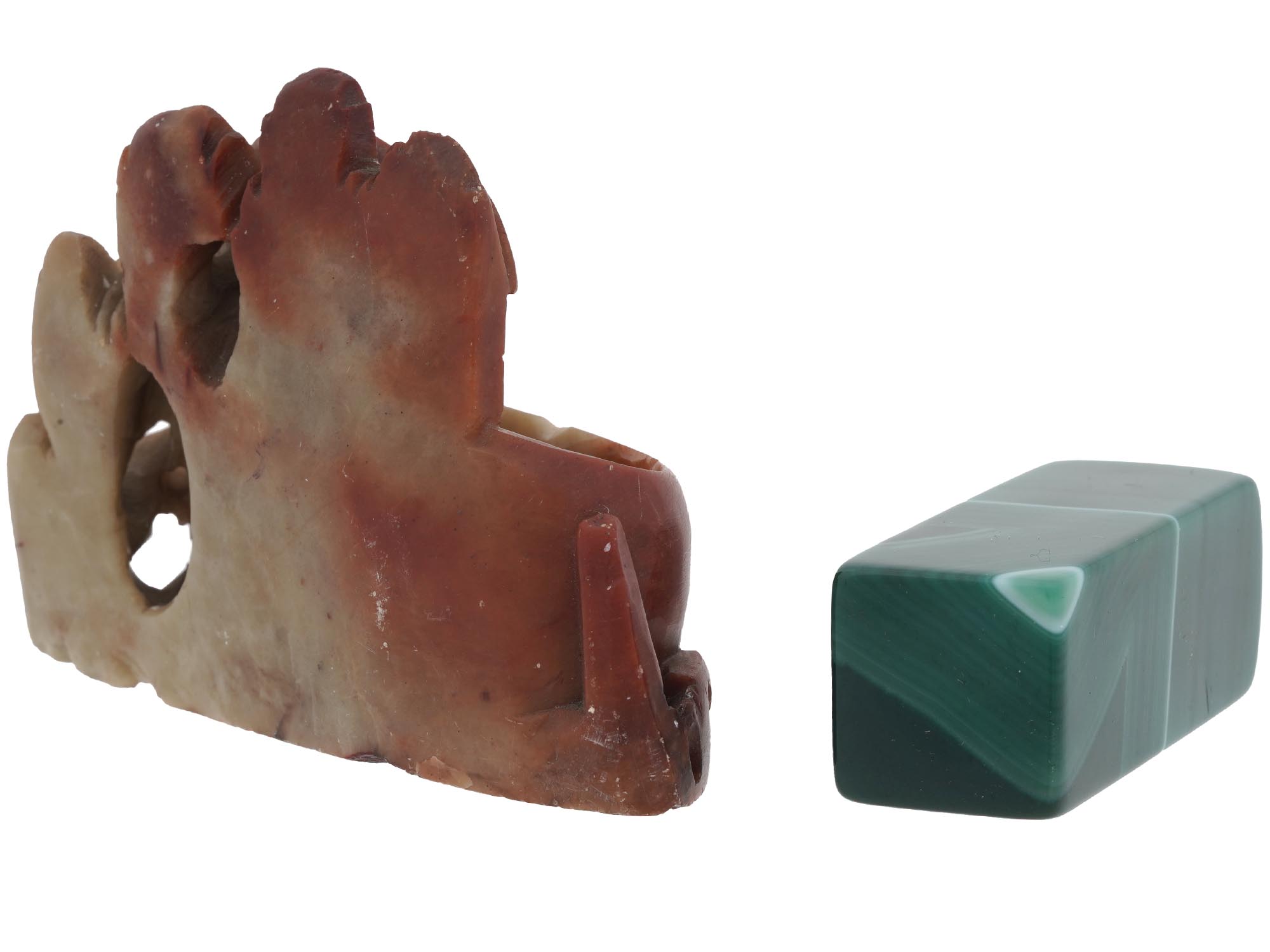 CHINESE SOAPSTONE STAND AND POLISHED MALACHITE PIC-2