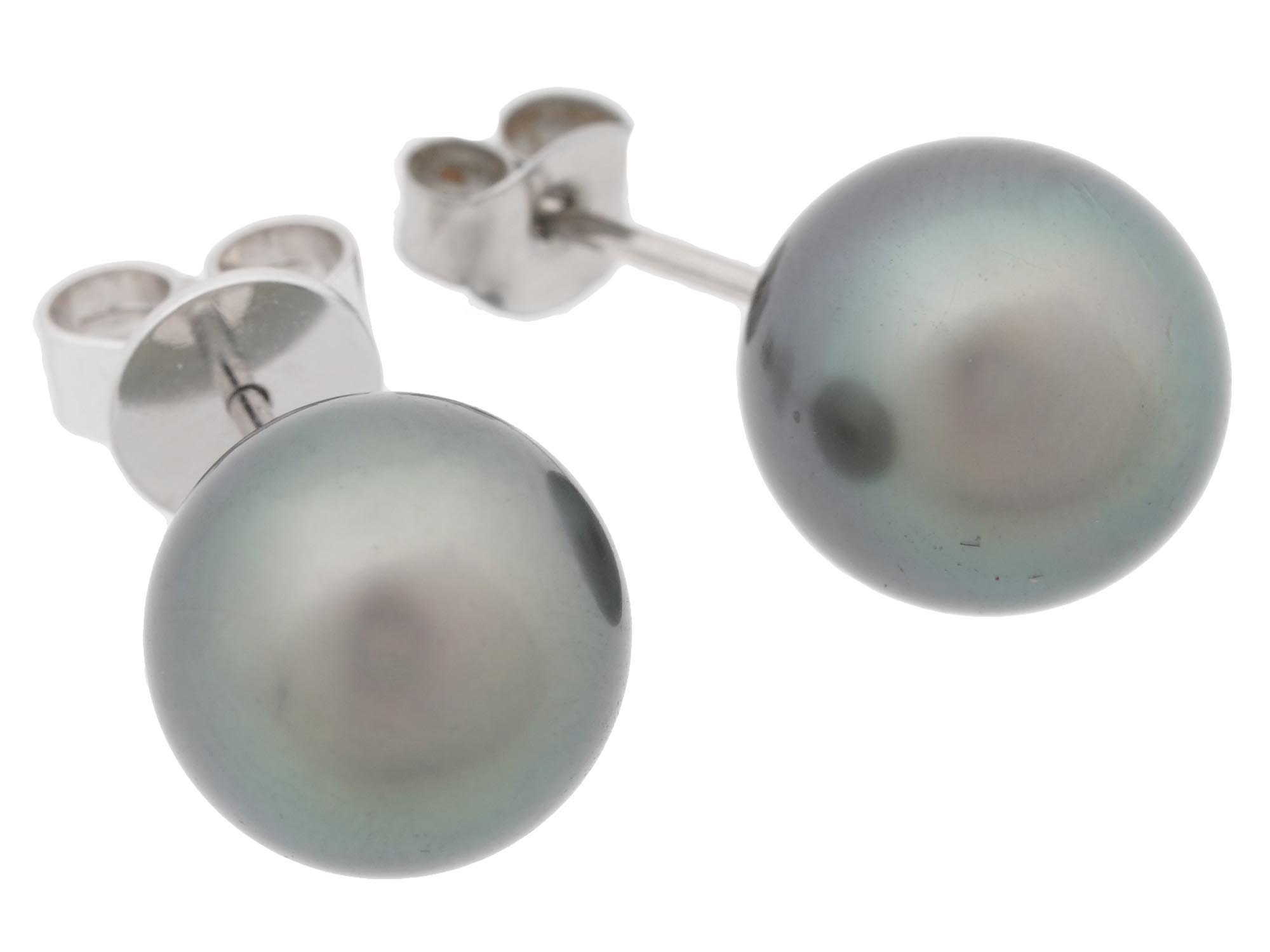 PLATINUM 14K GOLD AND BLACK PEARL STUD EARRINGS PIC-0