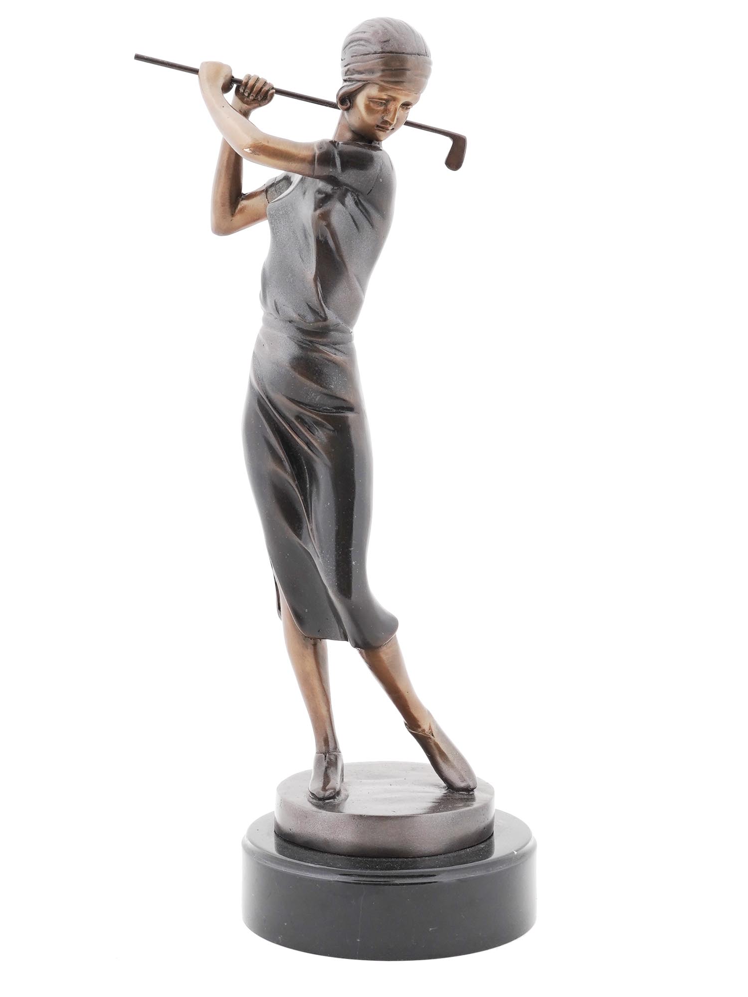 ART DECO BRONZE SCULPTURE OF LADY PLAYING GOLF PIC-0