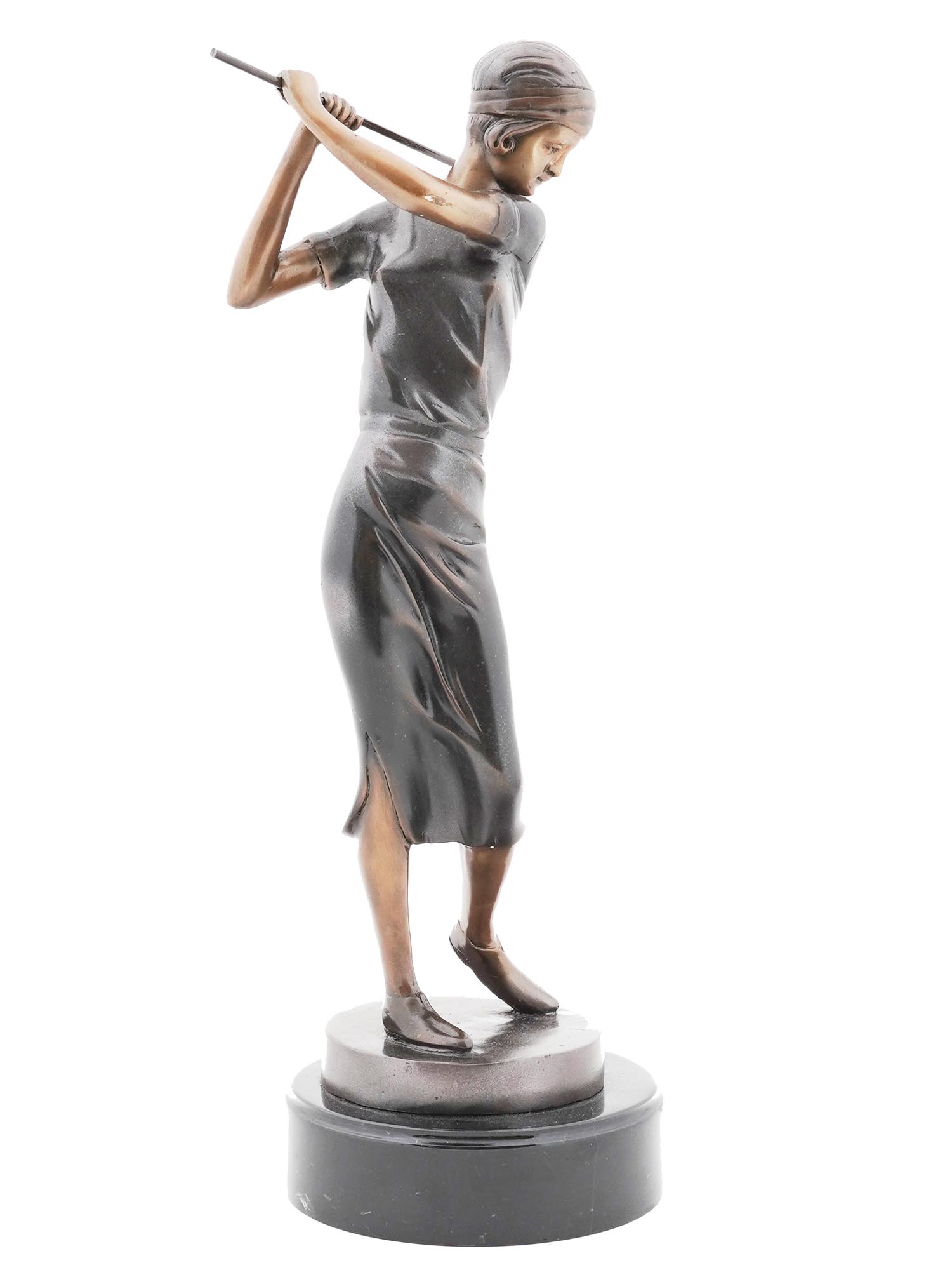 ART DECO BRONZE SCULPTURE OF LADY PLAYING GOLF PIC-1