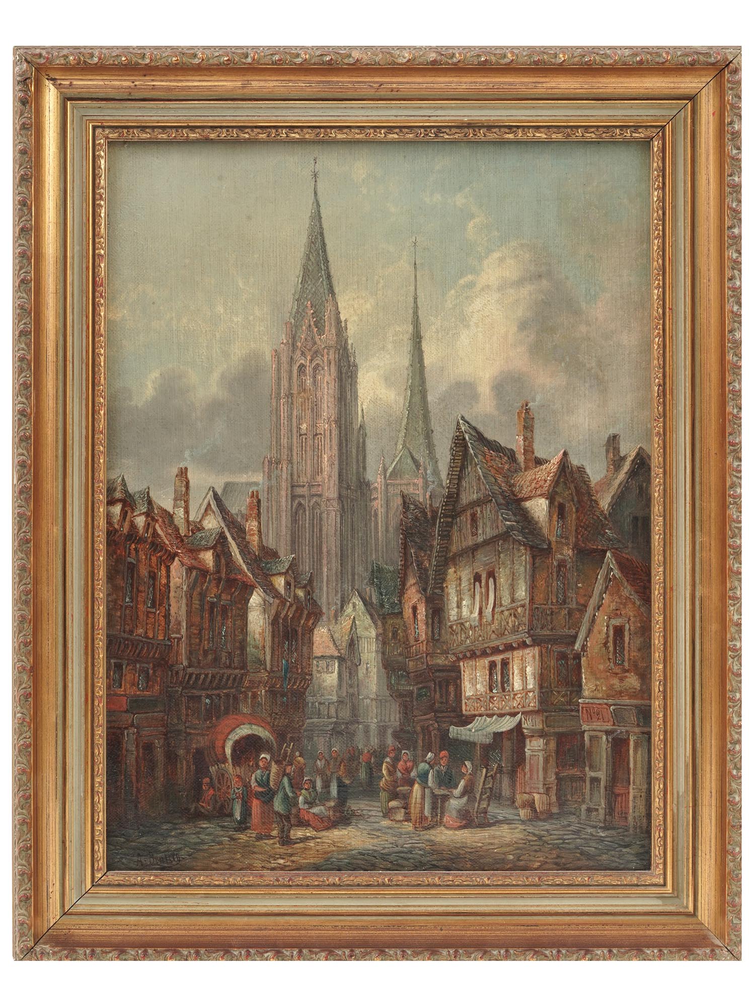 MEDIEVAL CITYSCAPE OIL PAINTING BY ALFRED BENTLEY PIC-0
