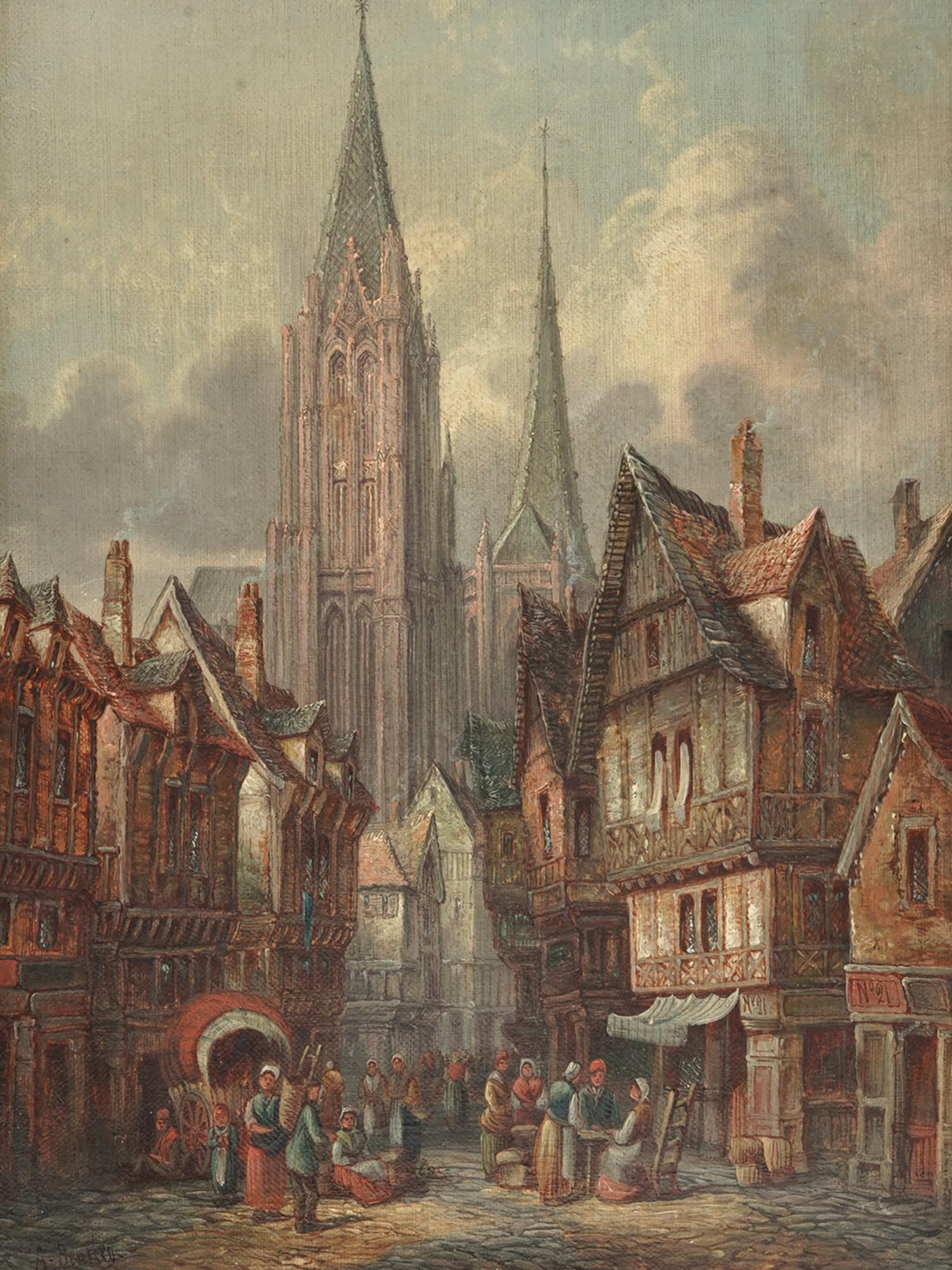 MEDIEVAL CITYSCAPE OIL PAINTING BY ALFRED BENTLEY PIC-1