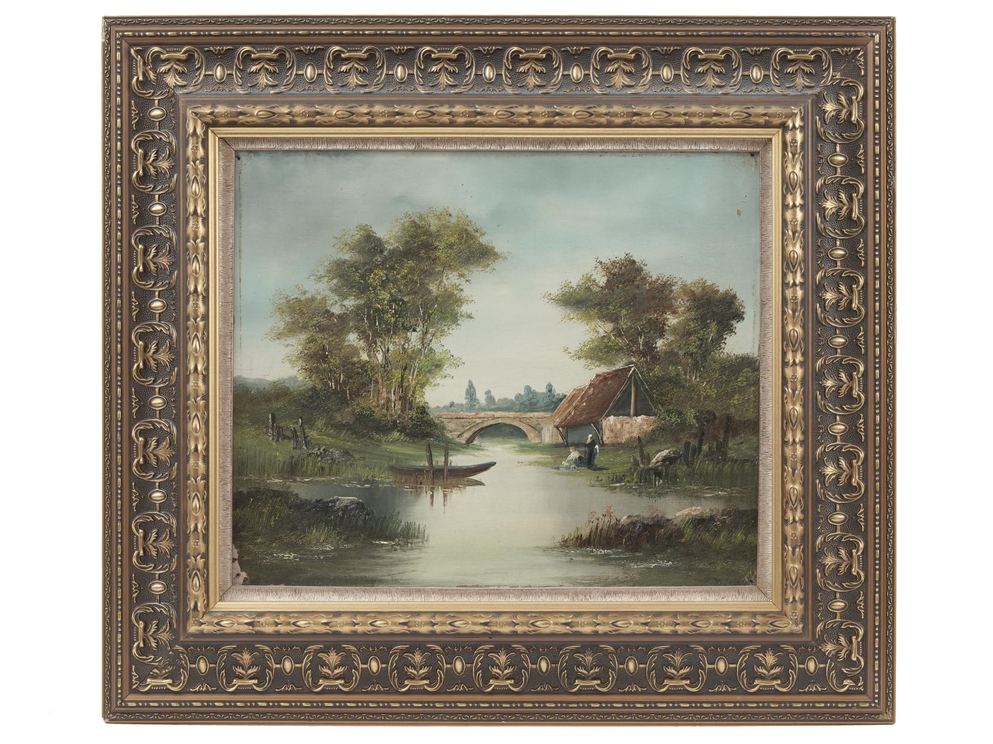 ANTIQUE 19TH C FRENCH RIVER LANDSCAPE PAINTING PIC-0