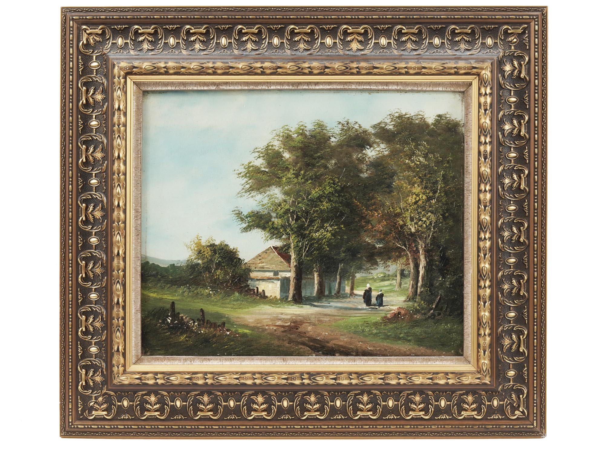 ANTIQUE 19TH C FRENCH VILLAGE LANDSCAPE PAINTING PIC-0