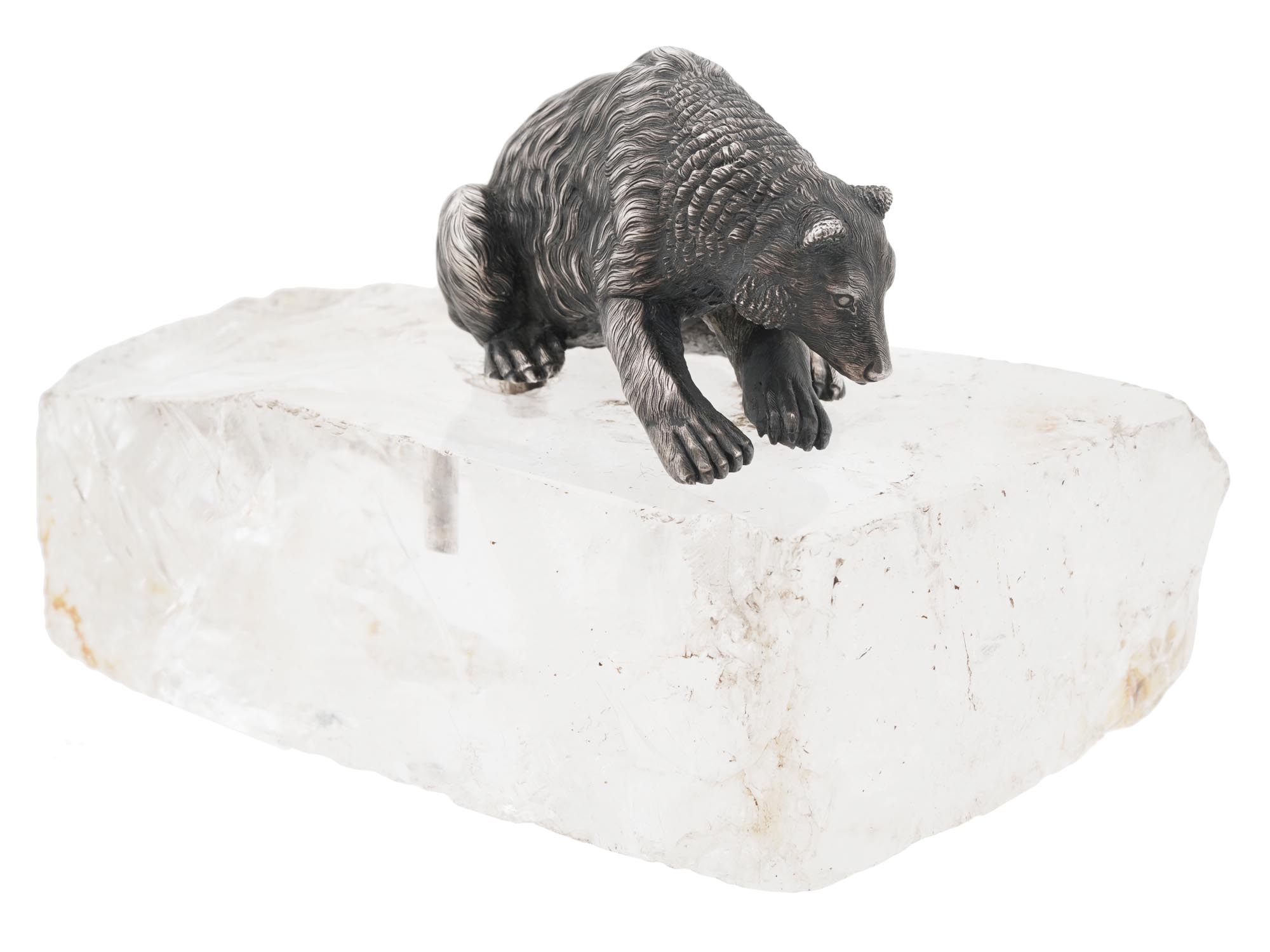 RUSSIAN SILVER BEAR FIGURINE ON ROCK CRYSTAL BASE PIC-0