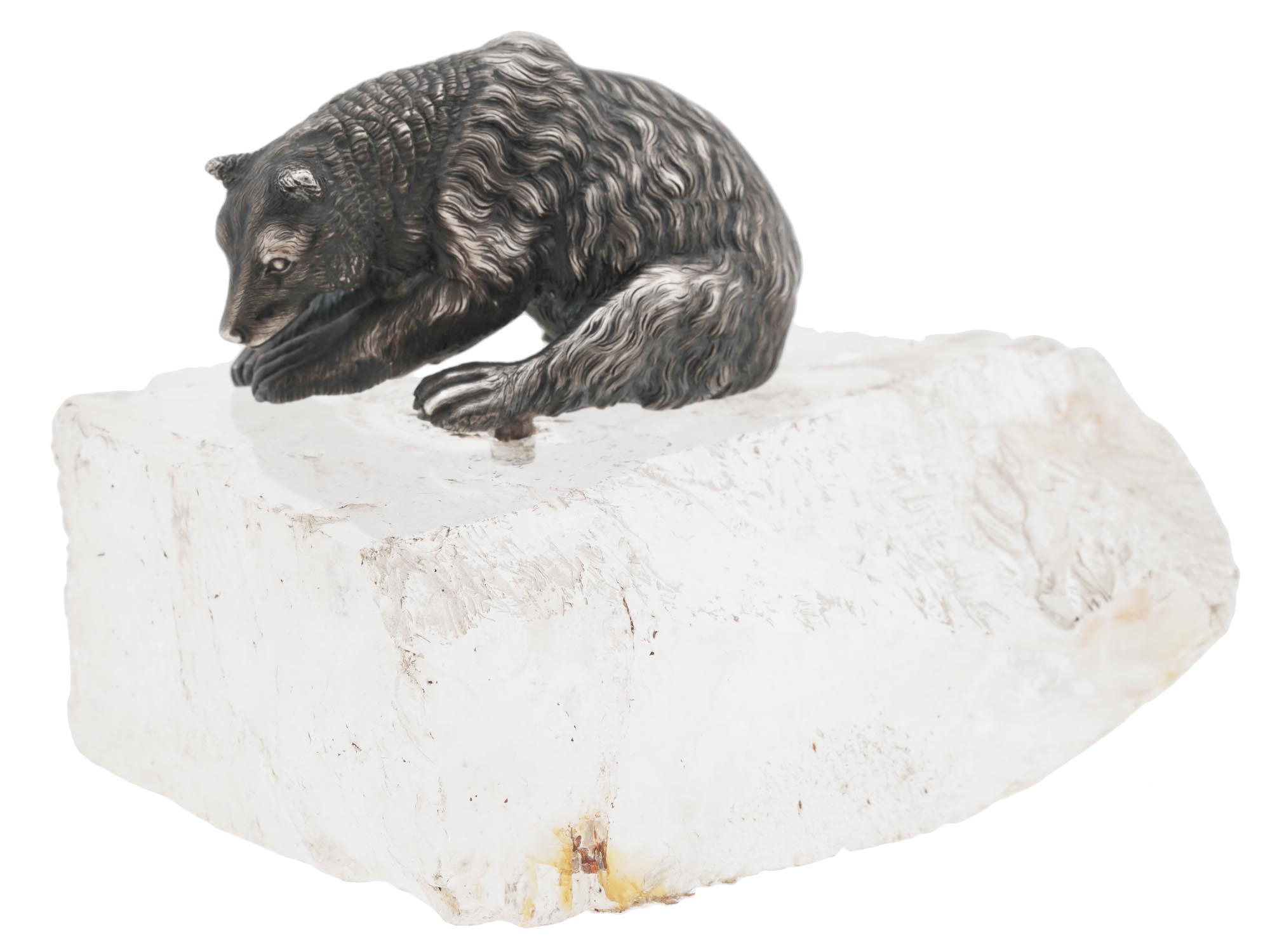 RUSSIAN SILVER BEAR FIGURINE ON ROCK CRYSTAL BASE PIC-1