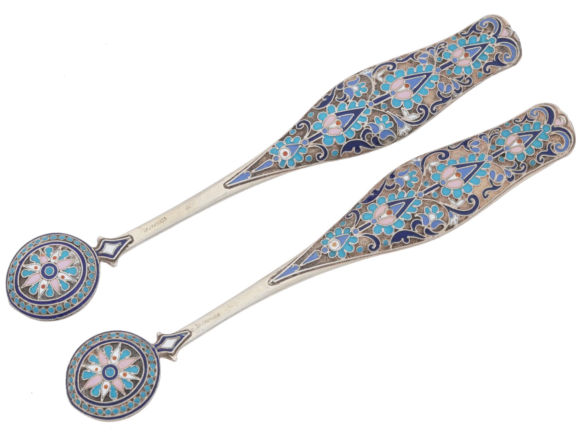 RUSSIAN SILVER CLOISONNE ENAMEL MUSTARD SPOONS PIC-0