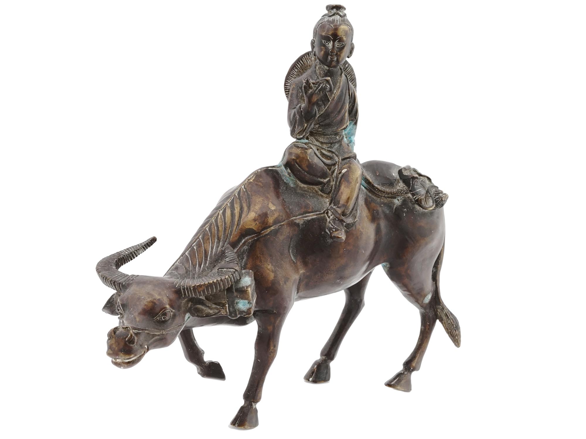 ANTIQUE ASIAN BRONZE FIGURE WATER BUFFALO AND BOY PIC-0