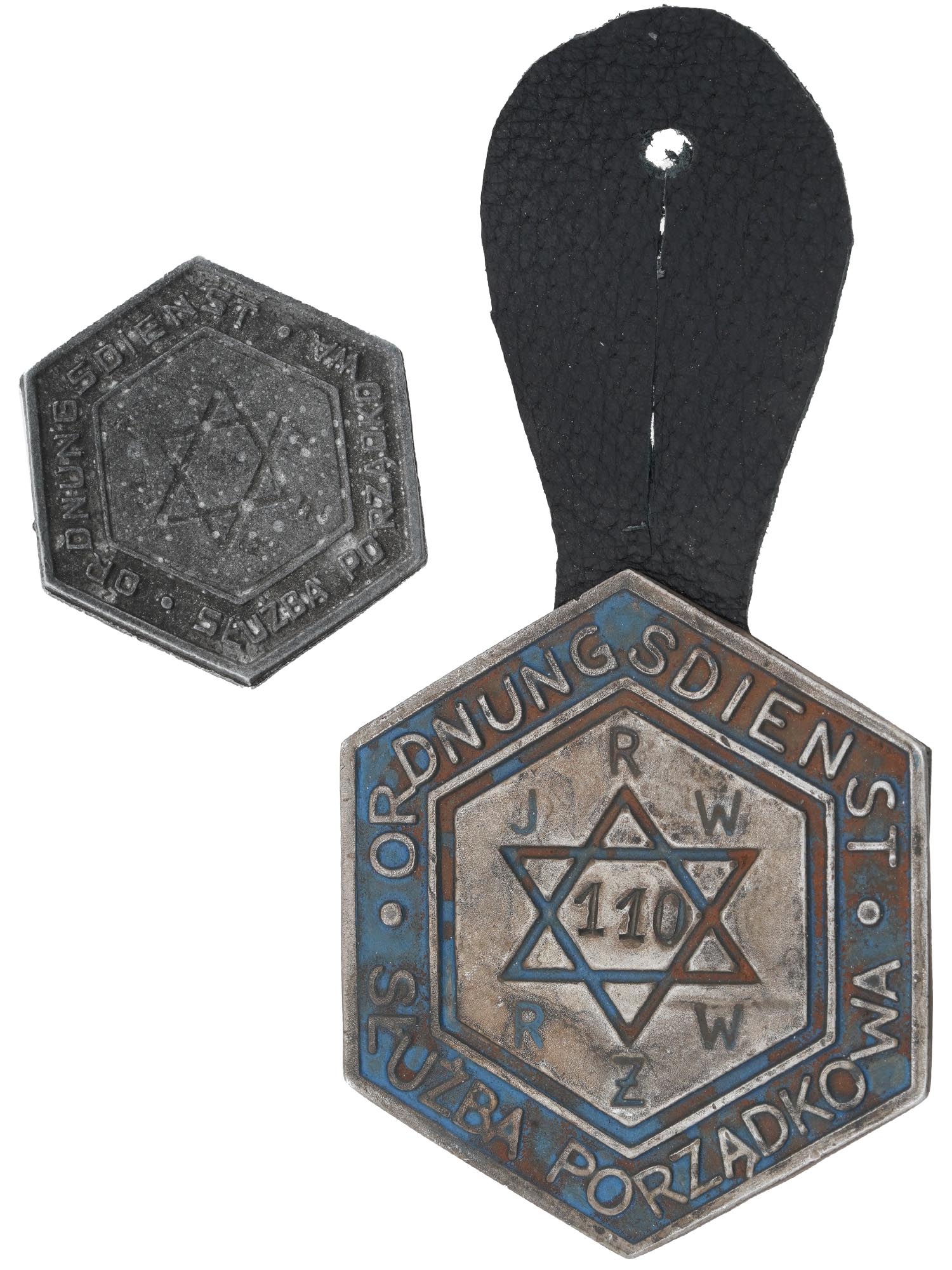 PAIR OF WWII WARSAW JEWISH GHETTO POLICE BADGES PIC-0