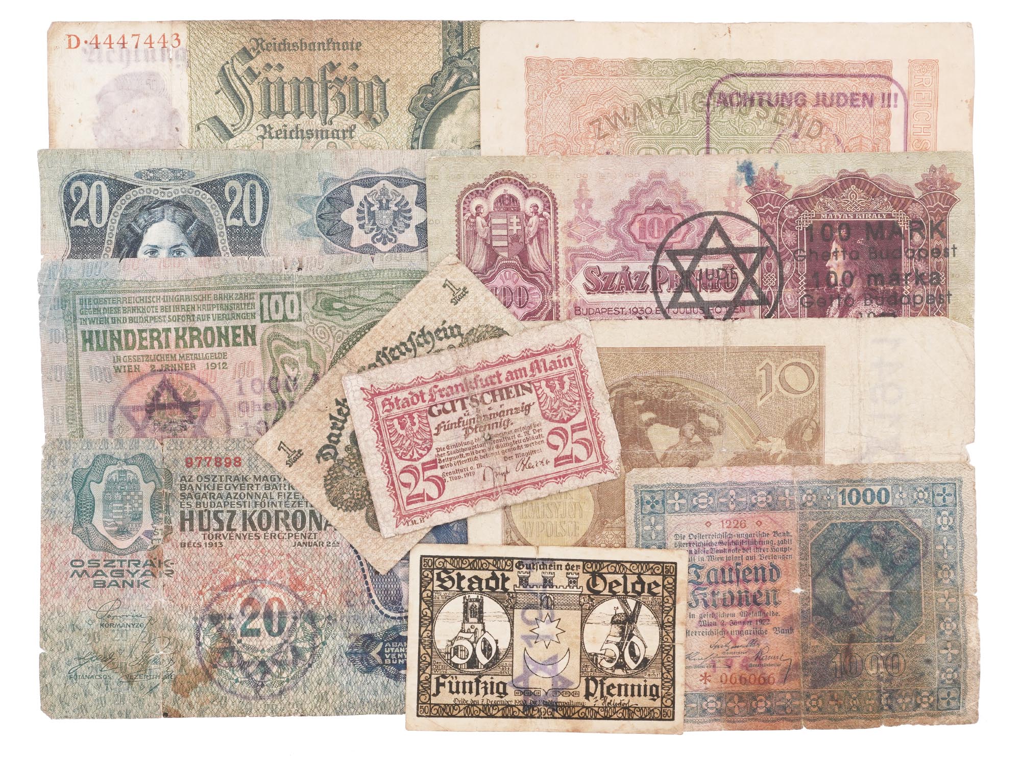 11 WWII EUROPEAN BANKNOTES W ANTISEMITIC STAMPS PIC-0