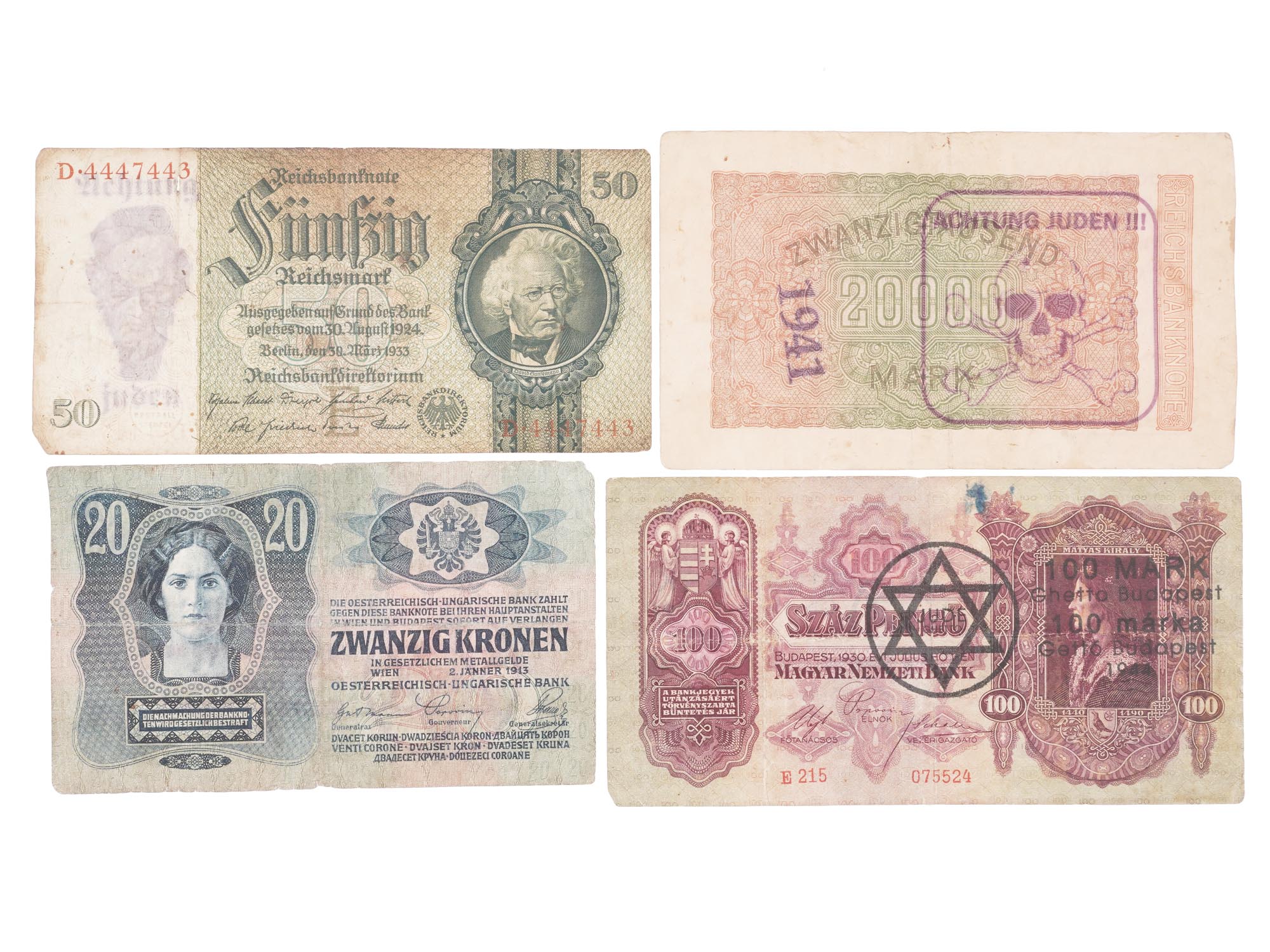 11 WWII EUROPEAN BANKNOTES W ANTISEMITIC STAMPS PIC-1