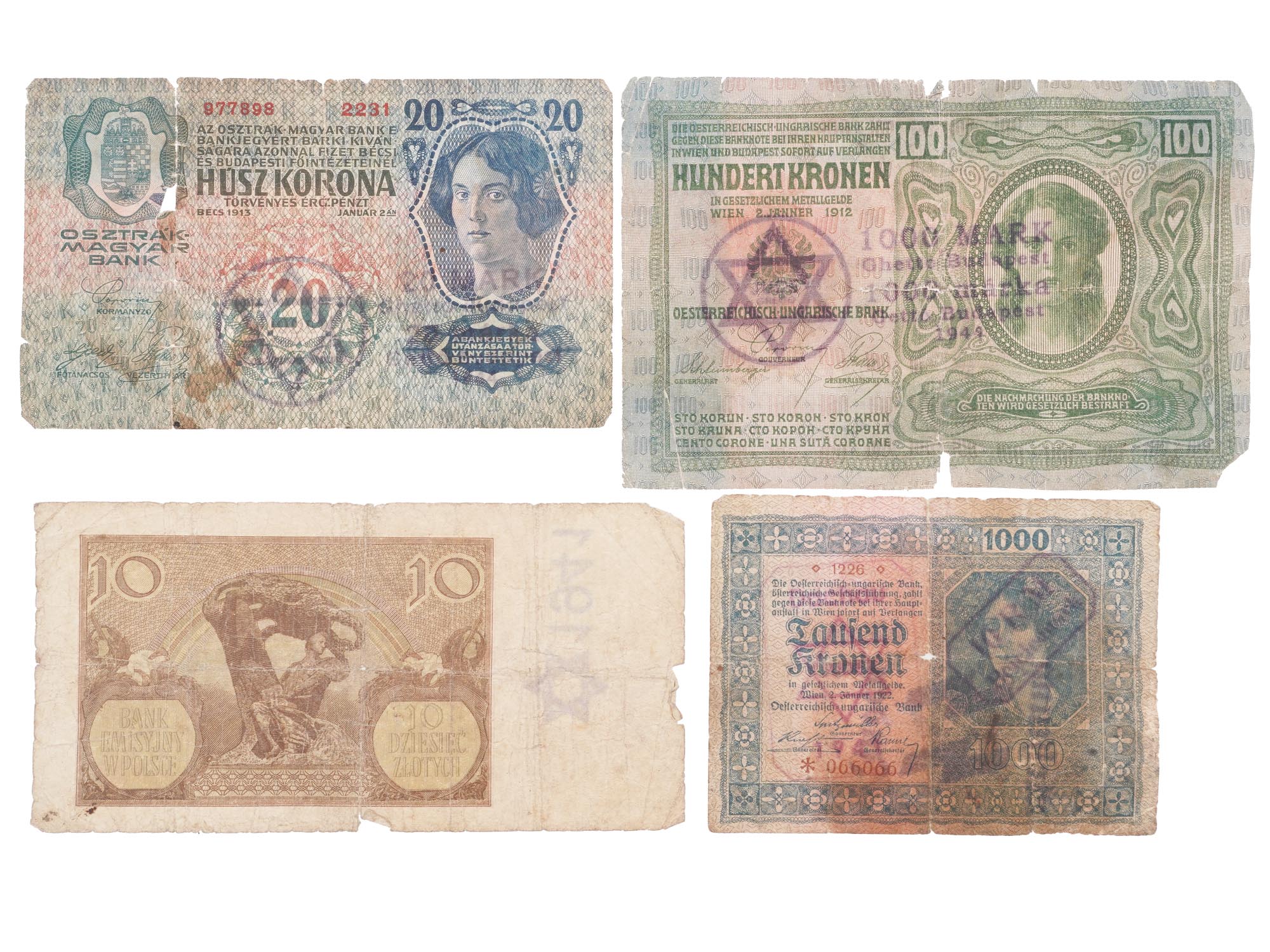 11 WWII EUROPEAN BANKNOTES W ANTISEMITIC STAMPS PIC-4