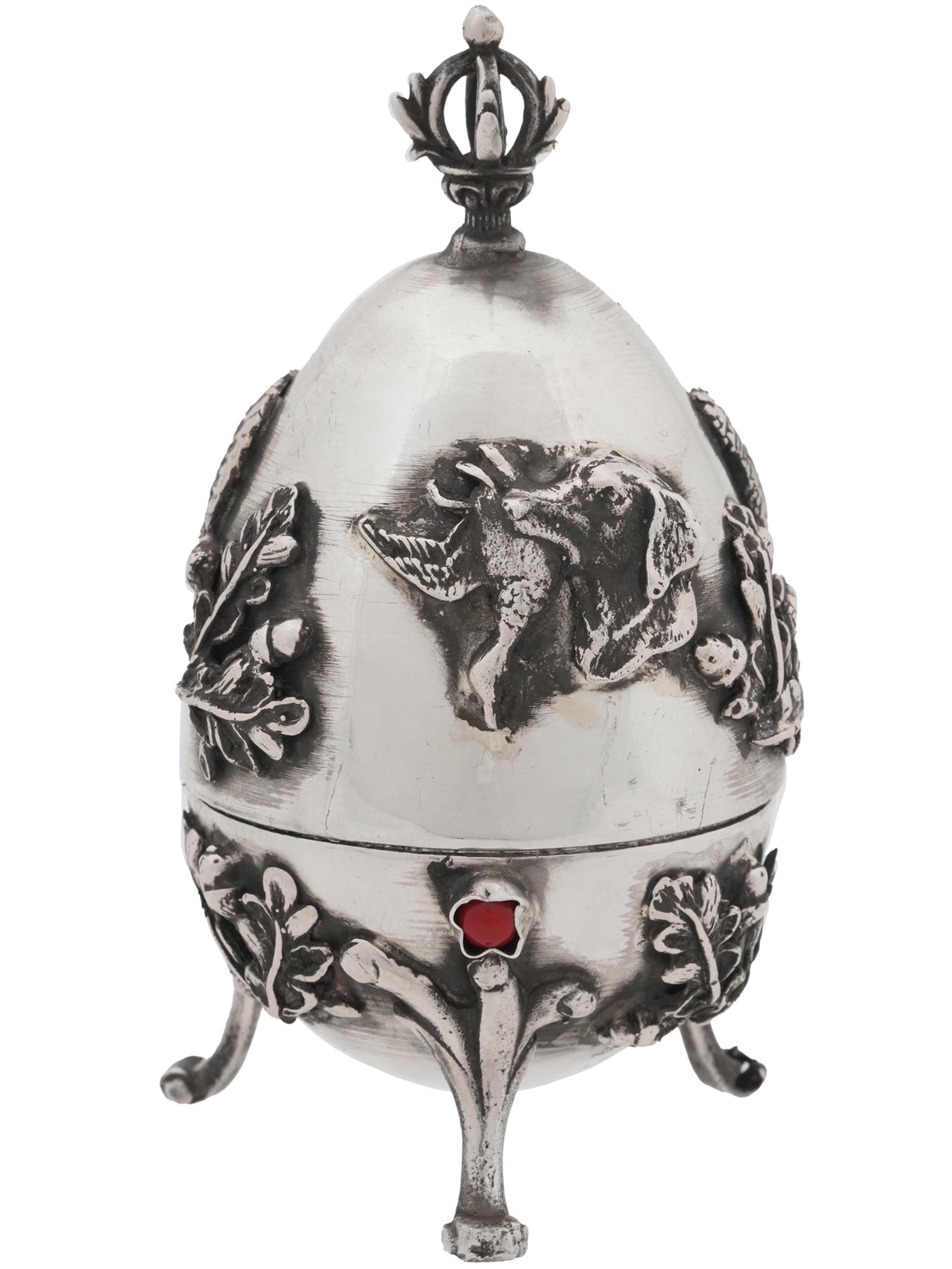 RUSSIAN STERLING SILVER EGG CASKET WITH ANIMALS PIC-2