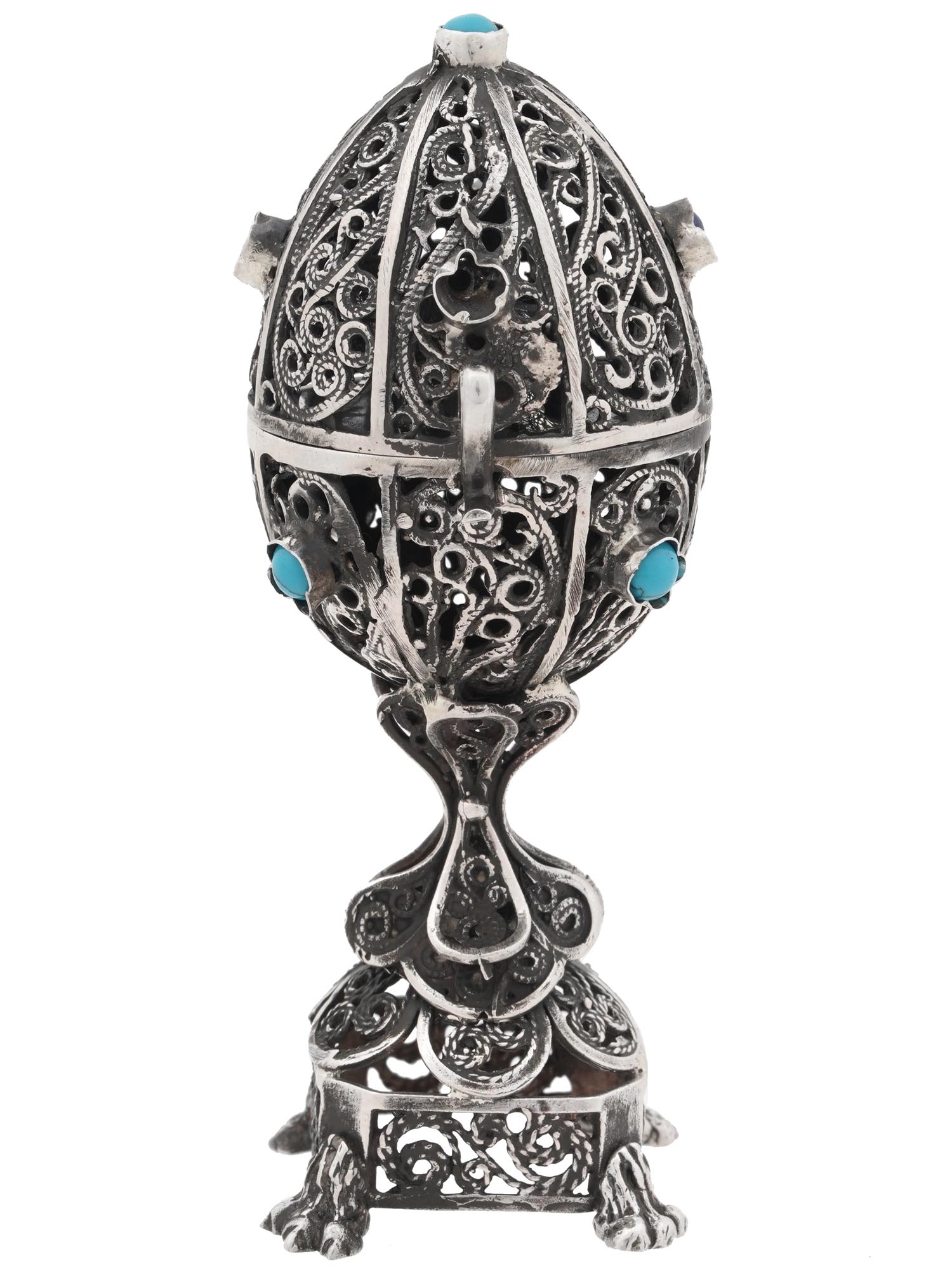 RUSSIAN SILVER FILIGREE EGG CASKET W LION FIGURE PIC-2