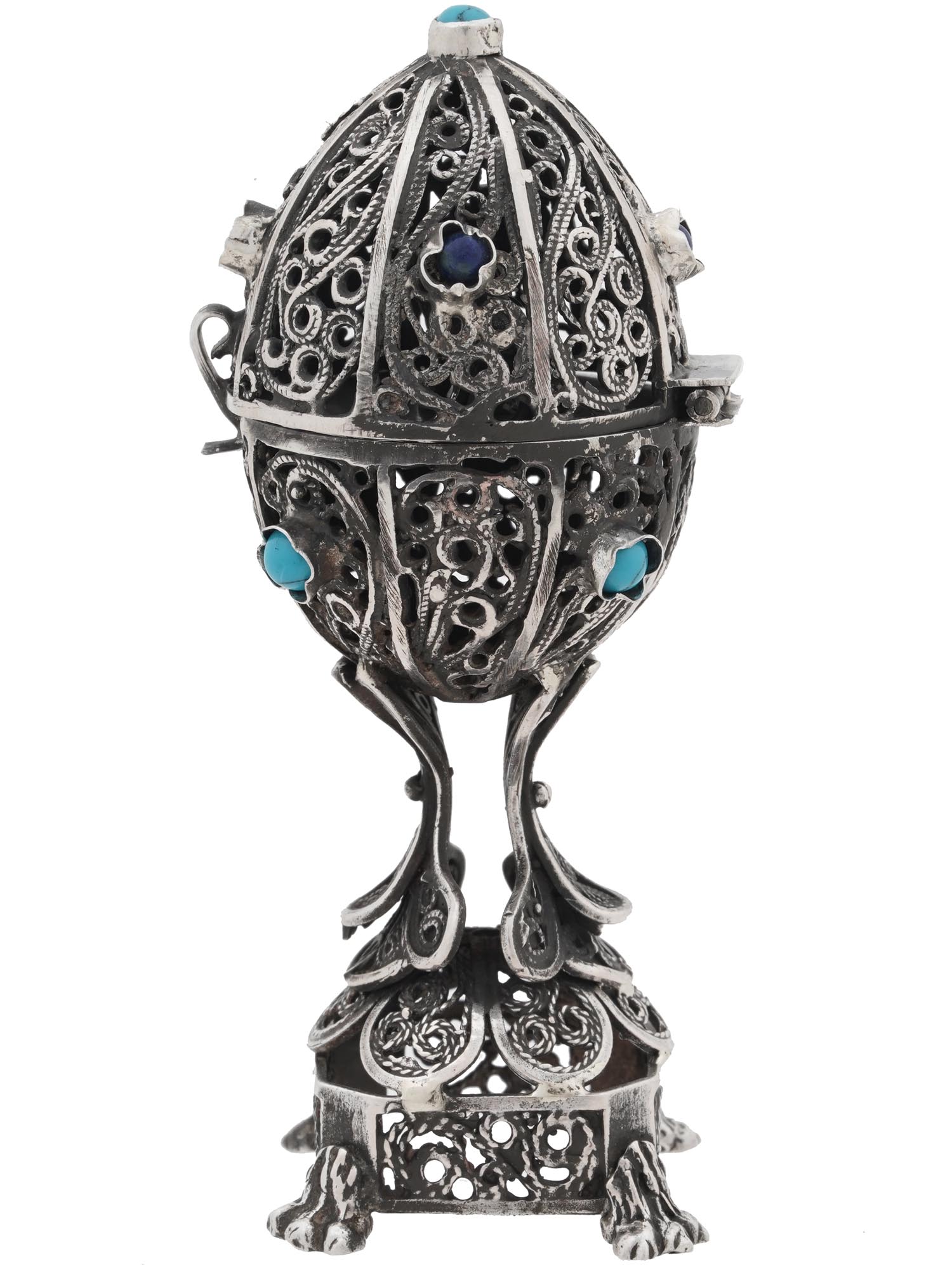 RUSSIAN SILVER FILIGREE EGG CASKET W LION FIGURE PIC-4