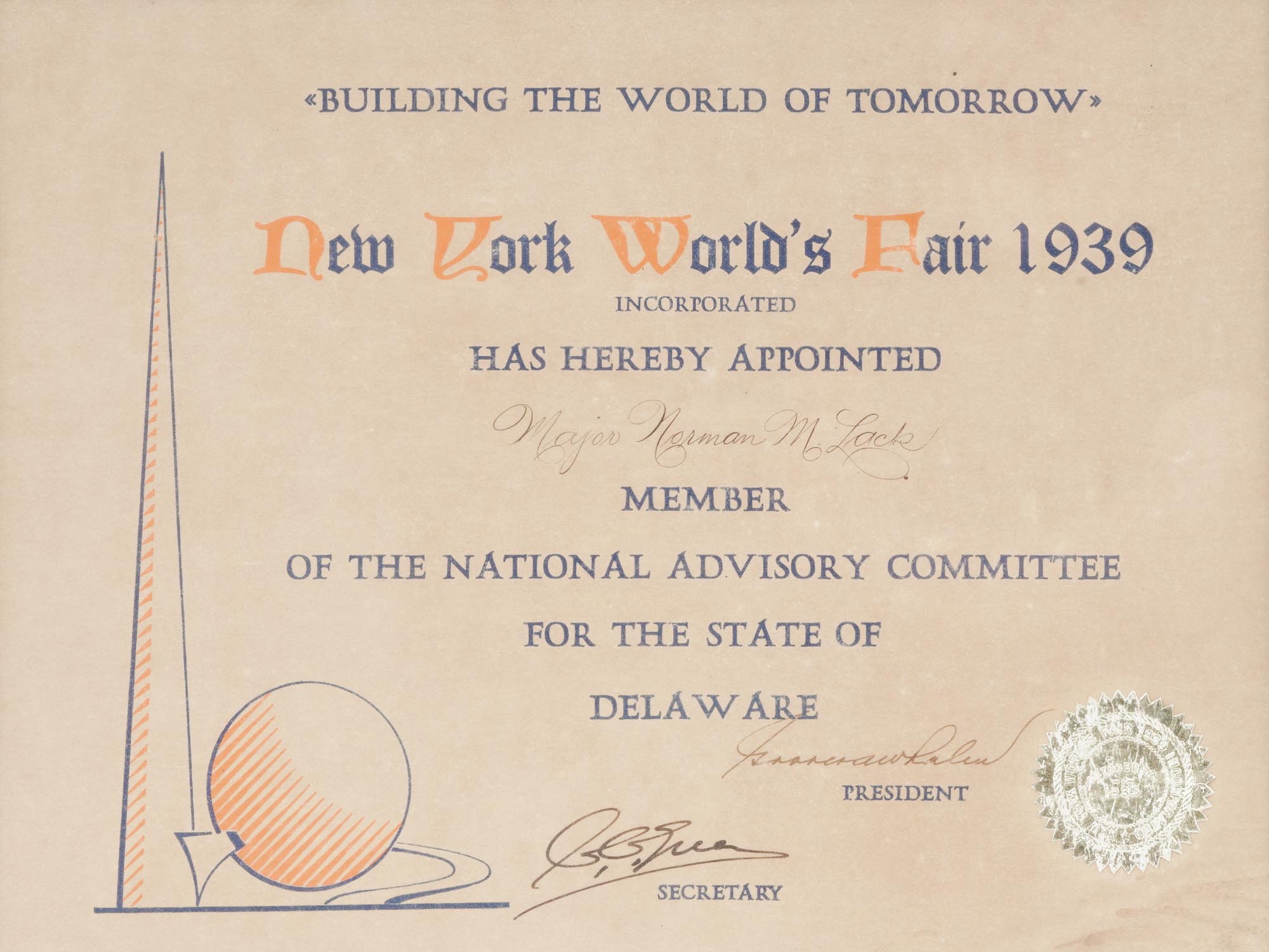 1939 NEW YORK WORLDS FAIR ADMINISTRATIVE DOCUMENT PIC-1