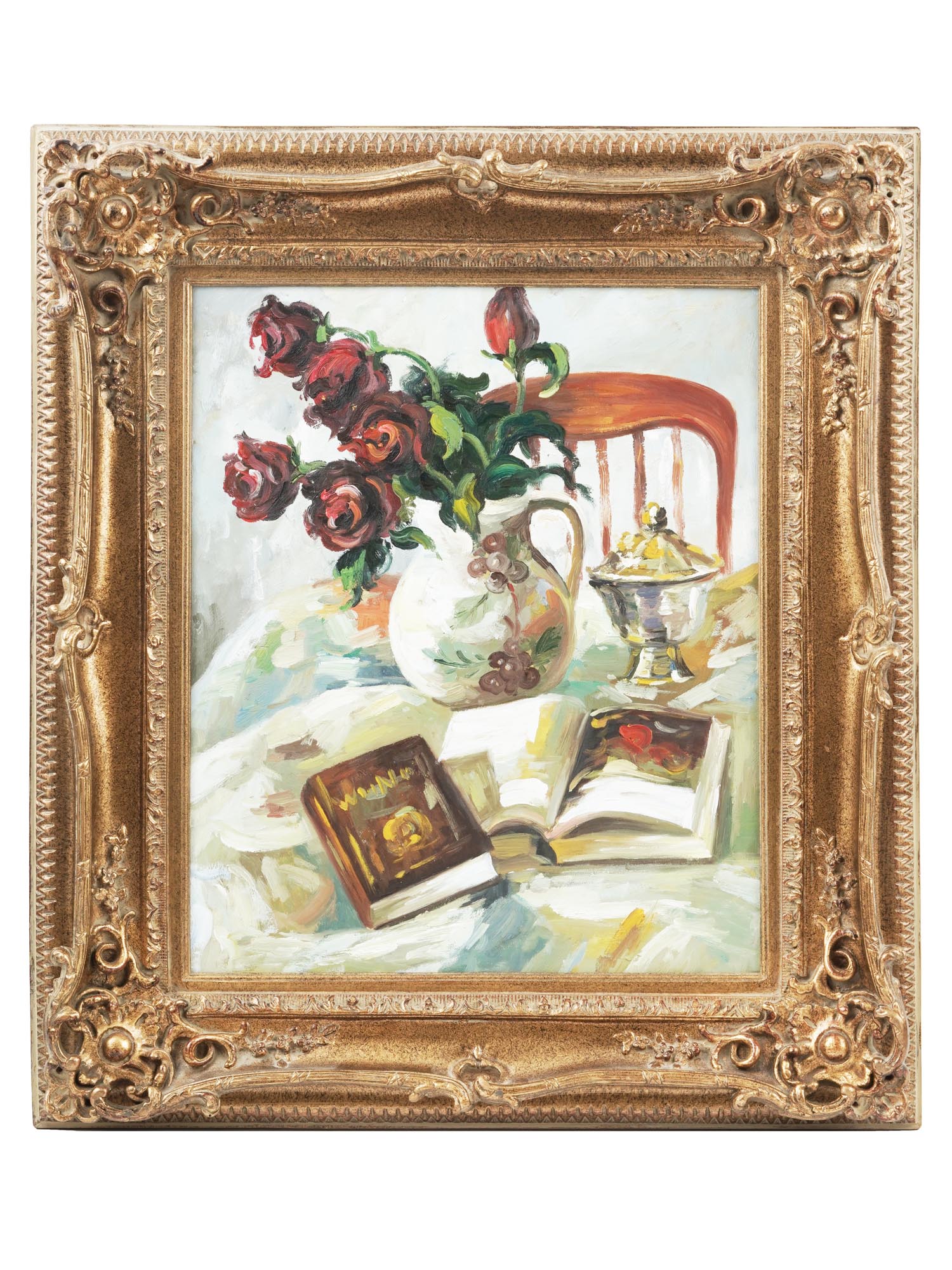 FRAMED STILL LIFE WITH BOOKS AND ROSES PAINTING PIC-0