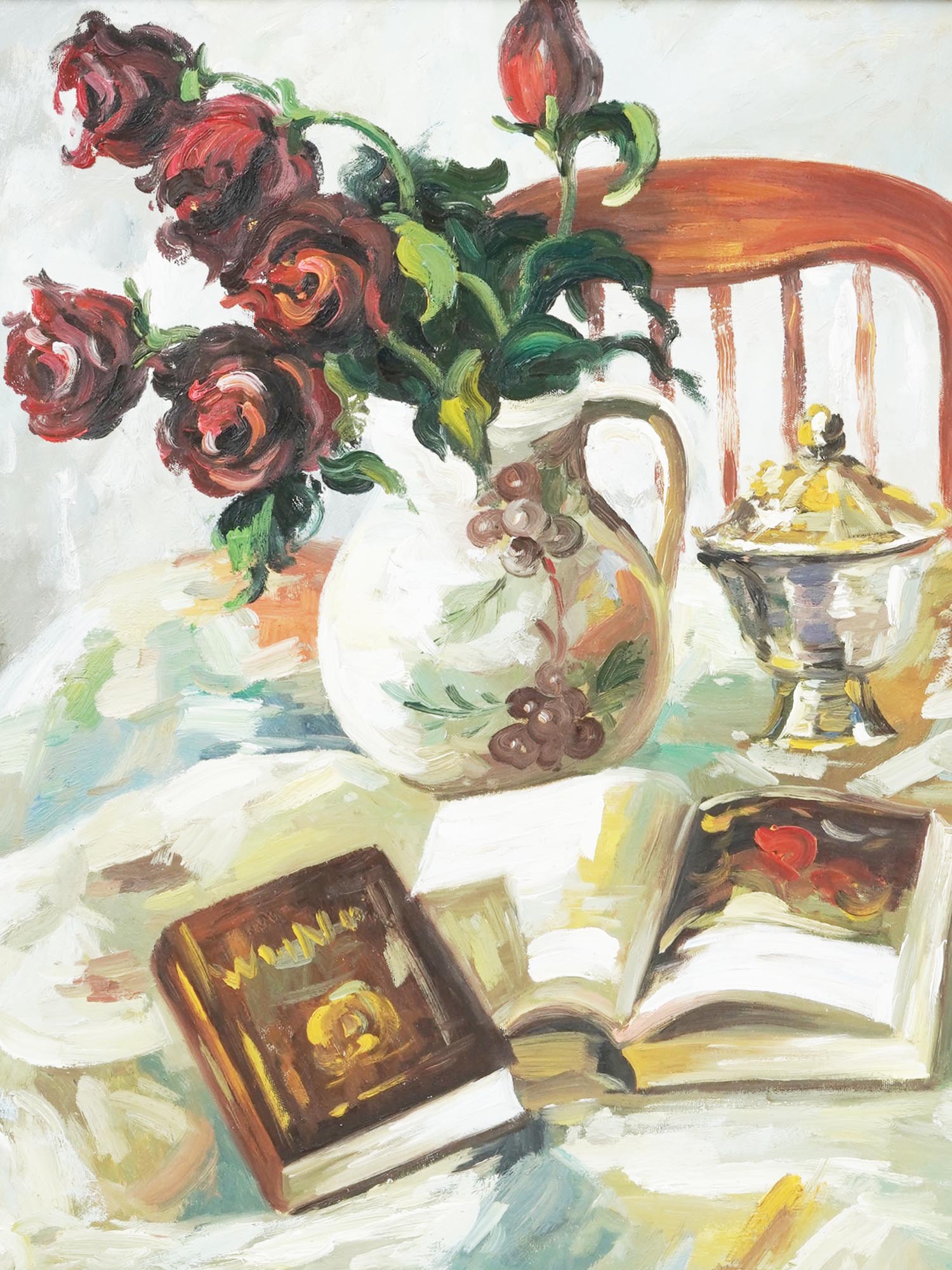 FRAMED STILL LIFE WITH BOOKS AND ROSES PAINTING PIC-1