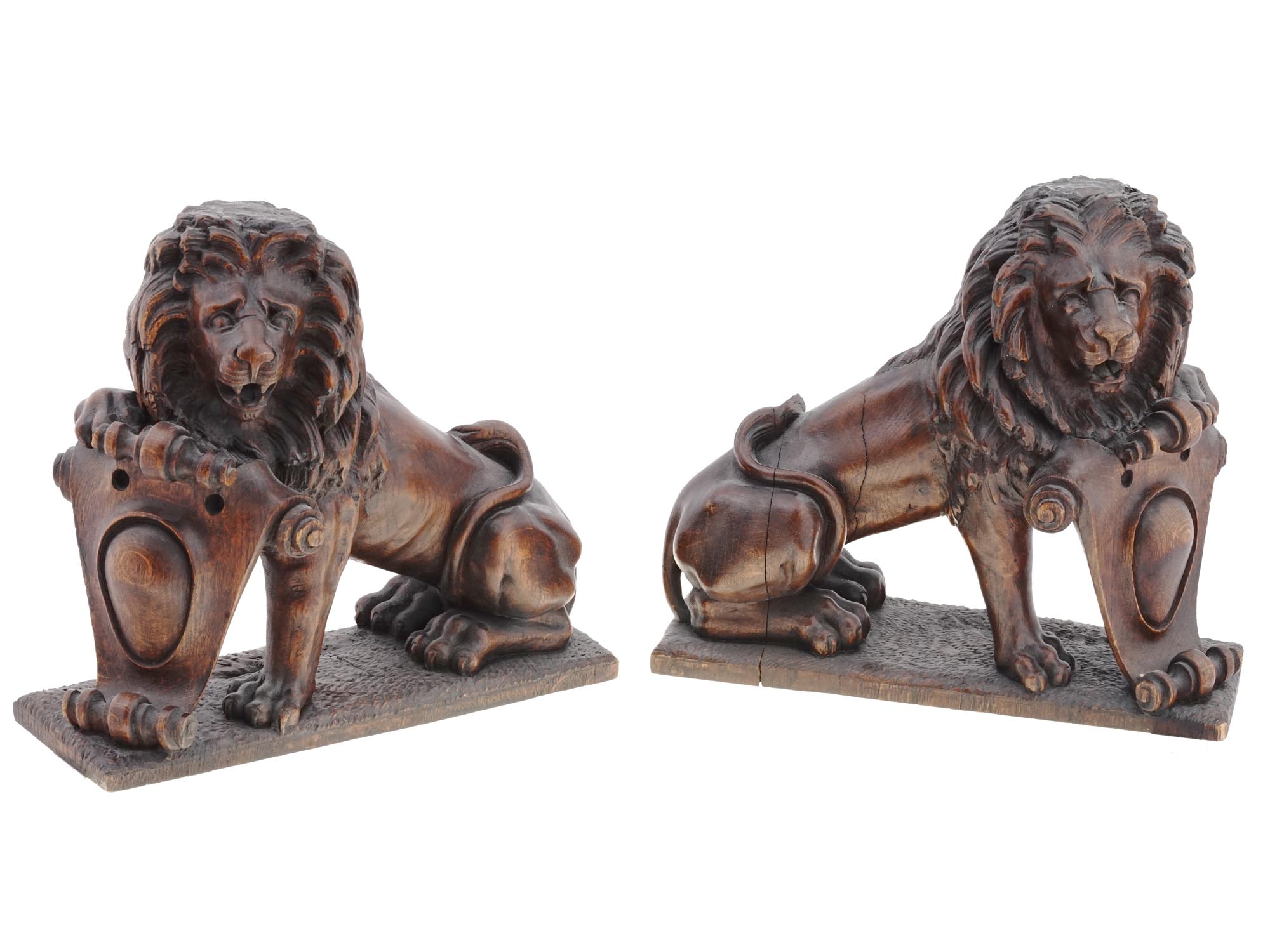 ANTIQUE GUARDIAN LIONS HAND CARVED WOOD BOOKENDS PIC-0