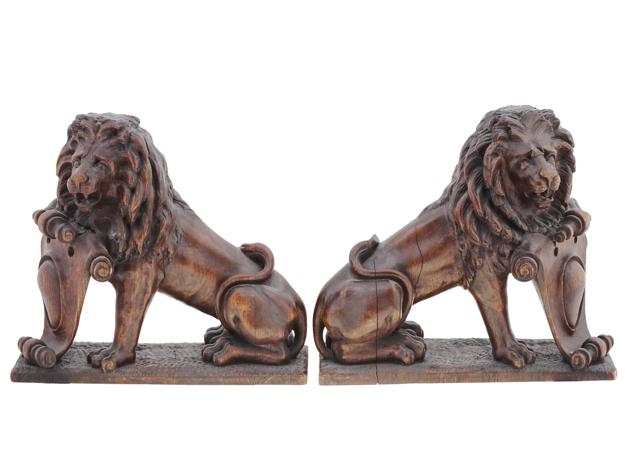 ANTIQUE GUARDIAN LIONS HAND CARVED WOOD BOOKENDS PIC-2