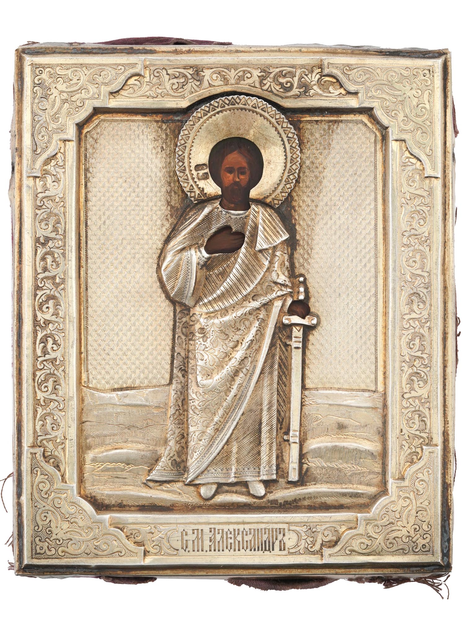 ANTIQUE RUSSIAN ICON ST ALEXANDER IN SILVER OKLAD PIC-0