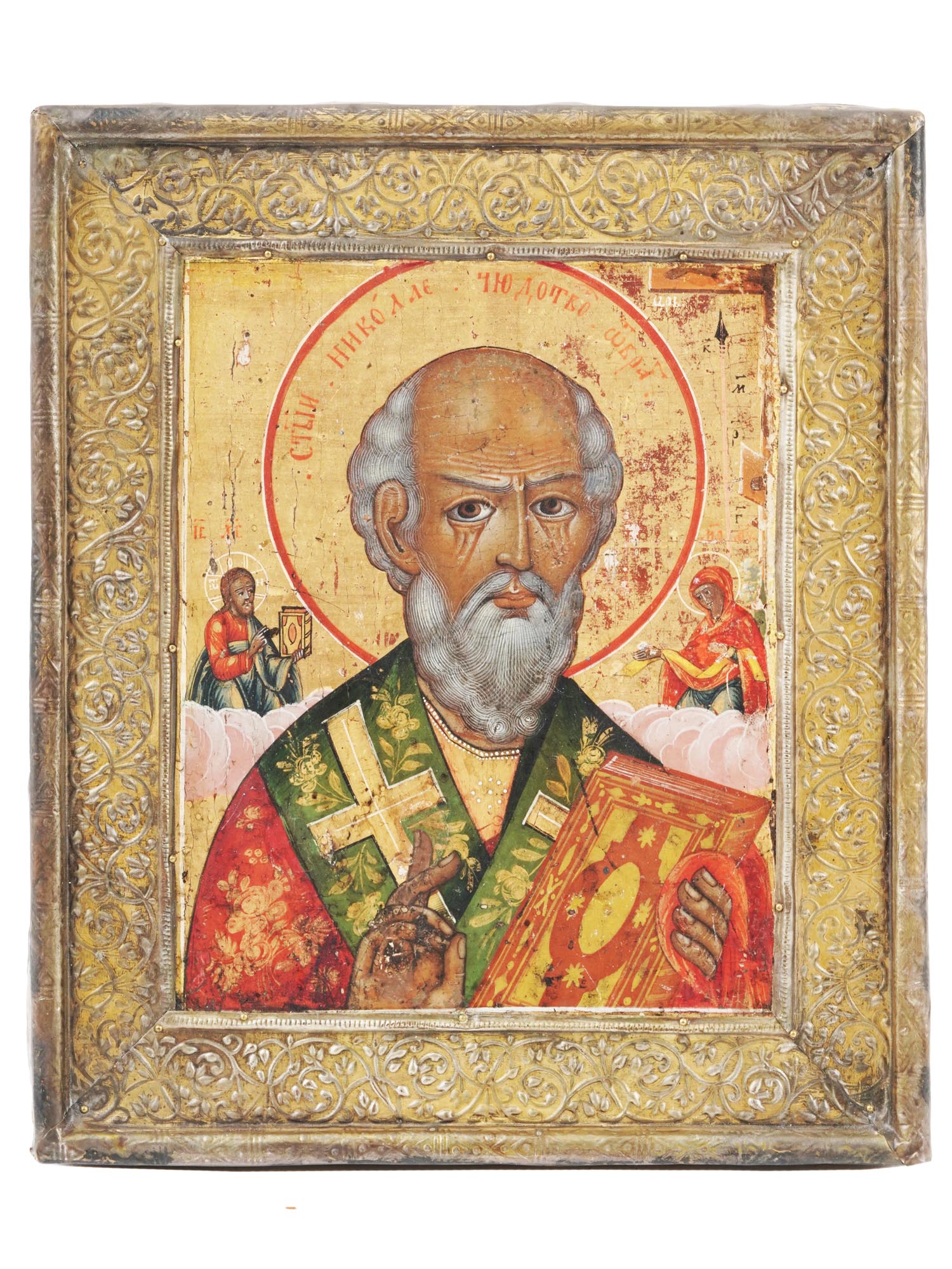 19TH C RUSSIAN ICON OF ST NICHOLAS W CHASED OKLAD PIC-0