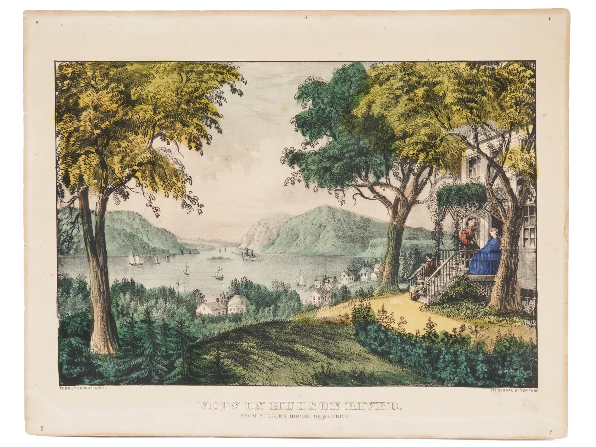 ANTIQUE AMERICAN LITHOGRAPH VIEW ON HUDSON RIVER PIC-0