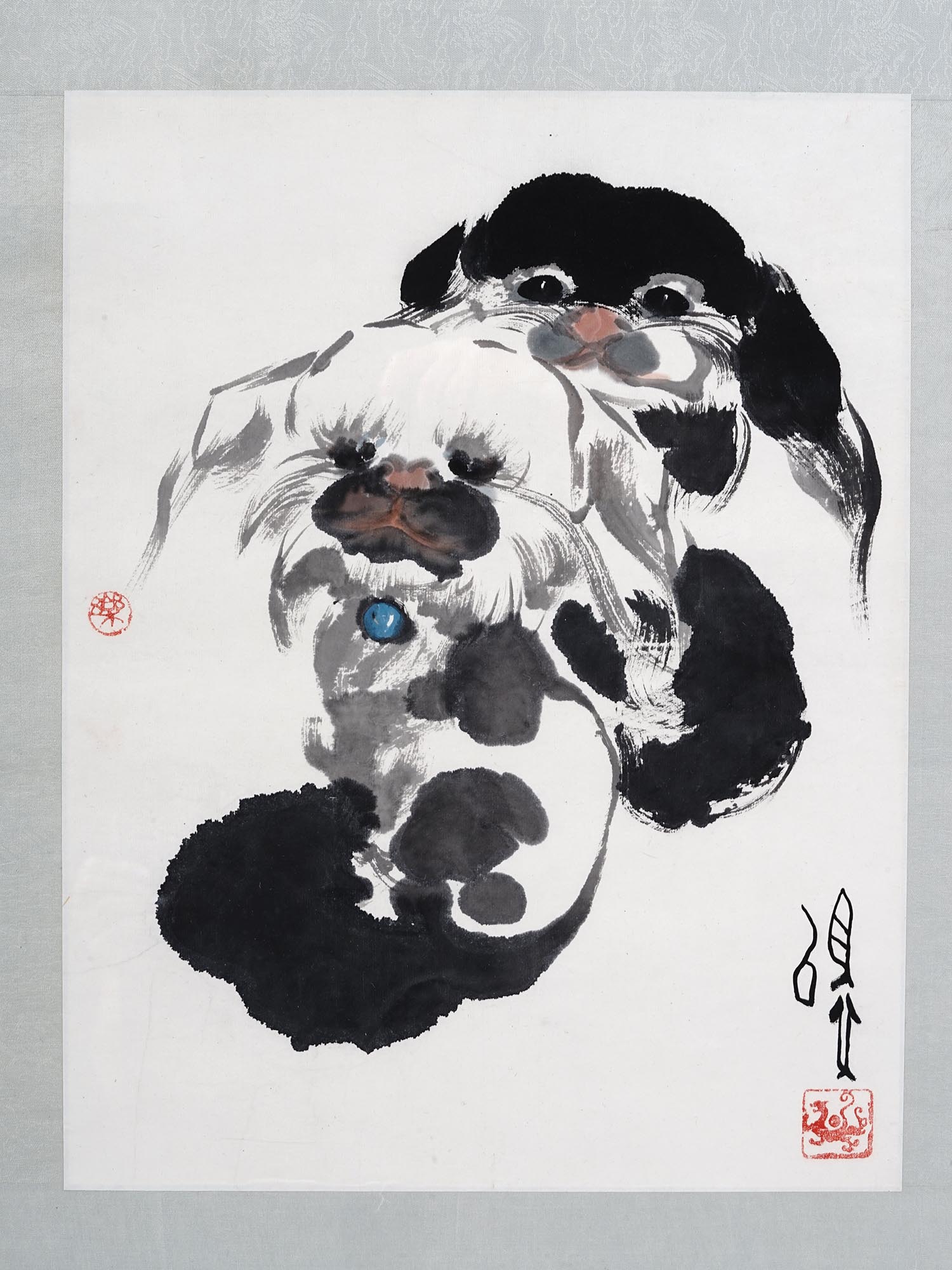 CHINESE WATERCOLOR PAINTING PEKINGESE DOGS SIGNED PIC-1