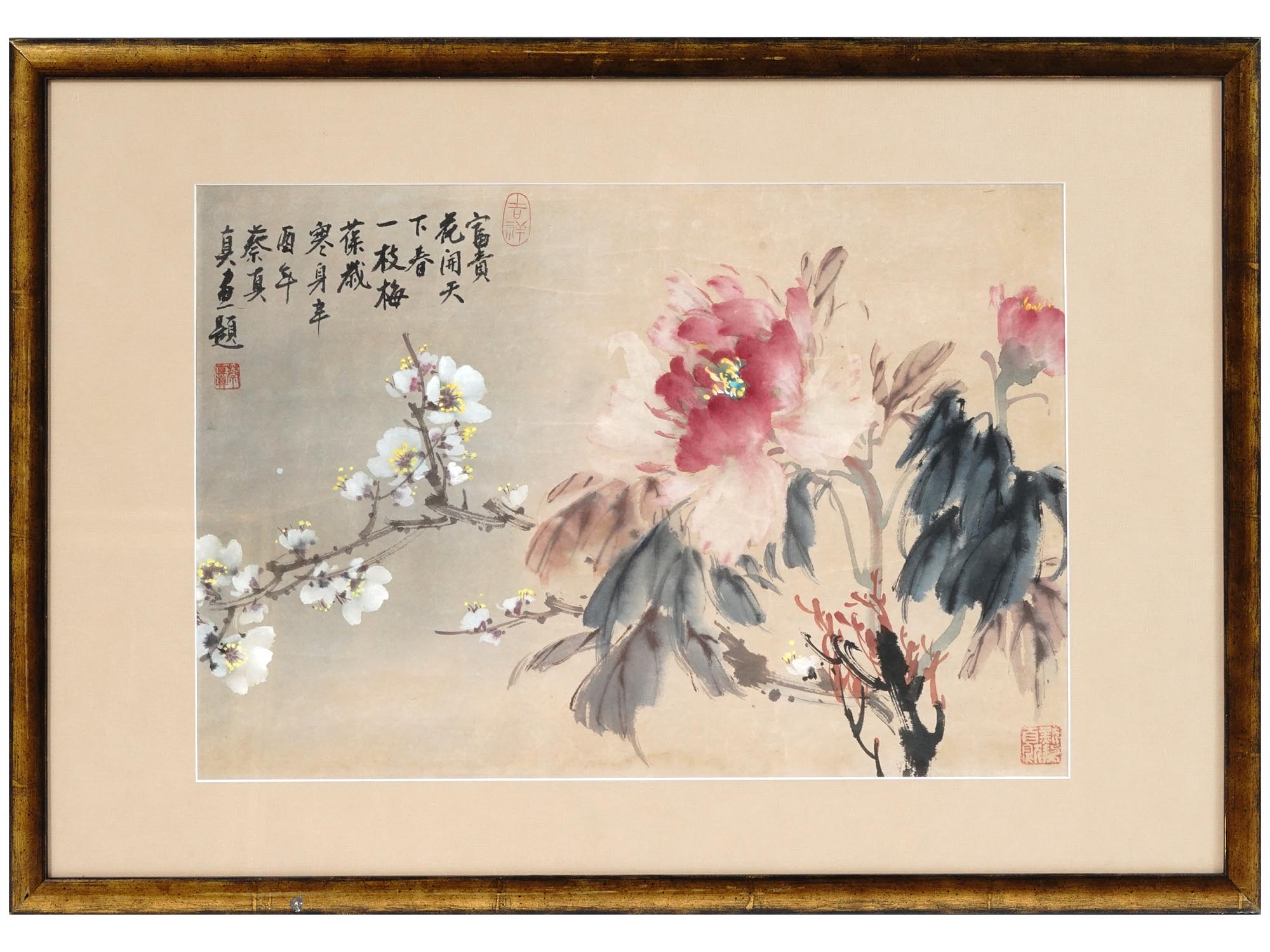 CHINESE FLOWERS WATERCOLOR PAINTING W CALLIGRAPHY PIC-0