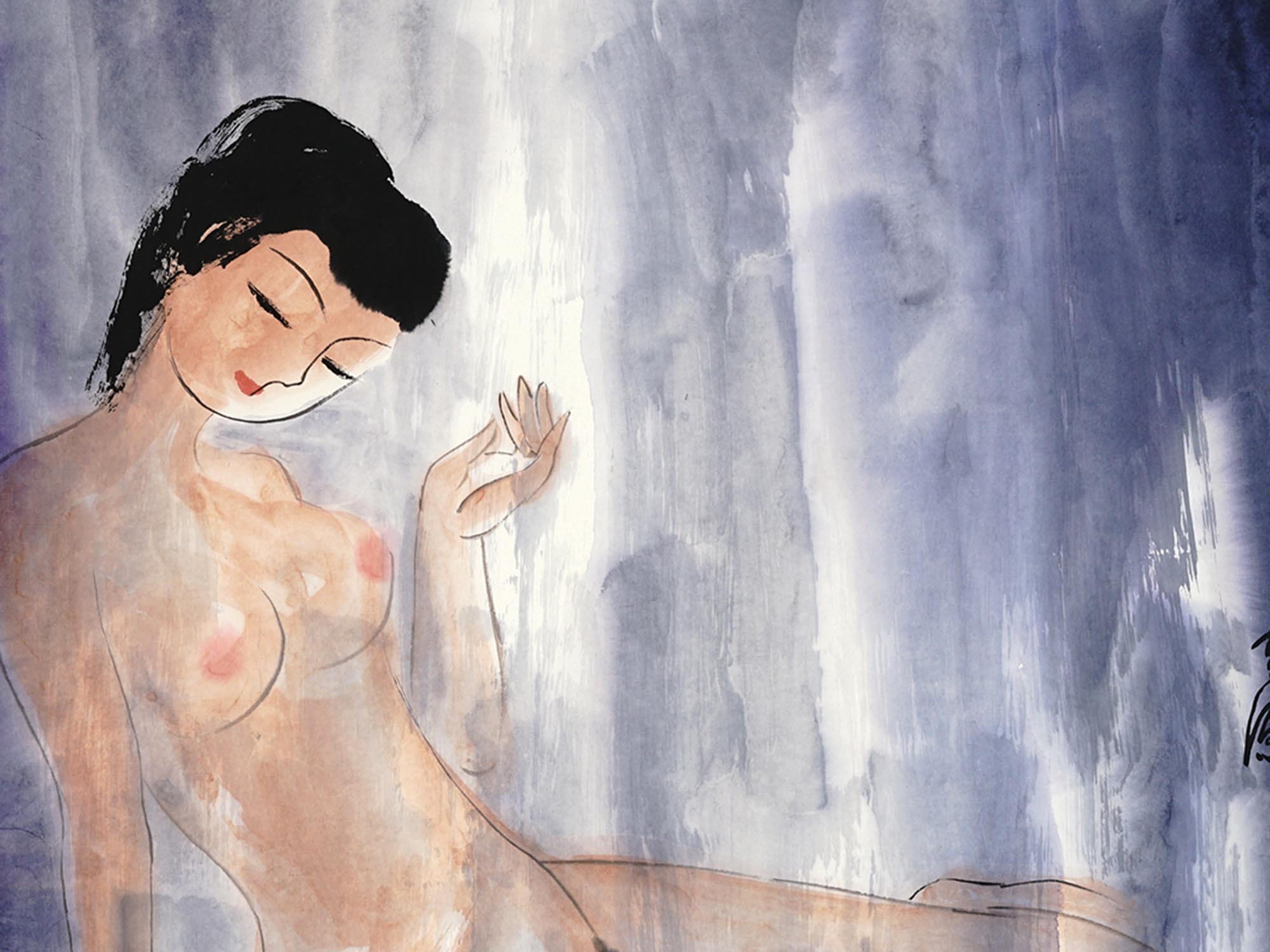 MODERN CHINESE WATERCOLOR PAINTING OF FEMALE NUDE PIC-1