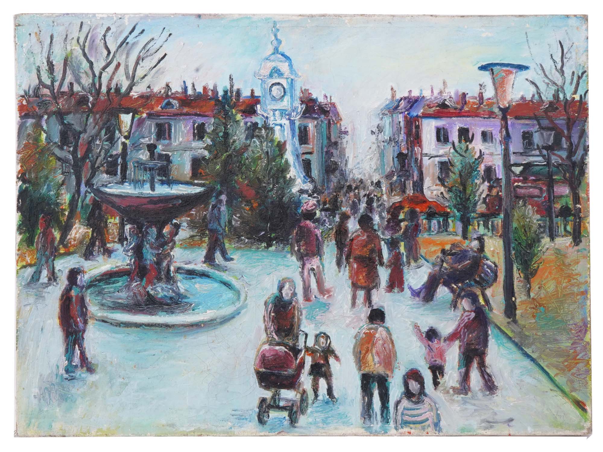 VINTAGE RUSSIAN TOWN SQUARE OIL PAINTING UNSIGNED PIC-0