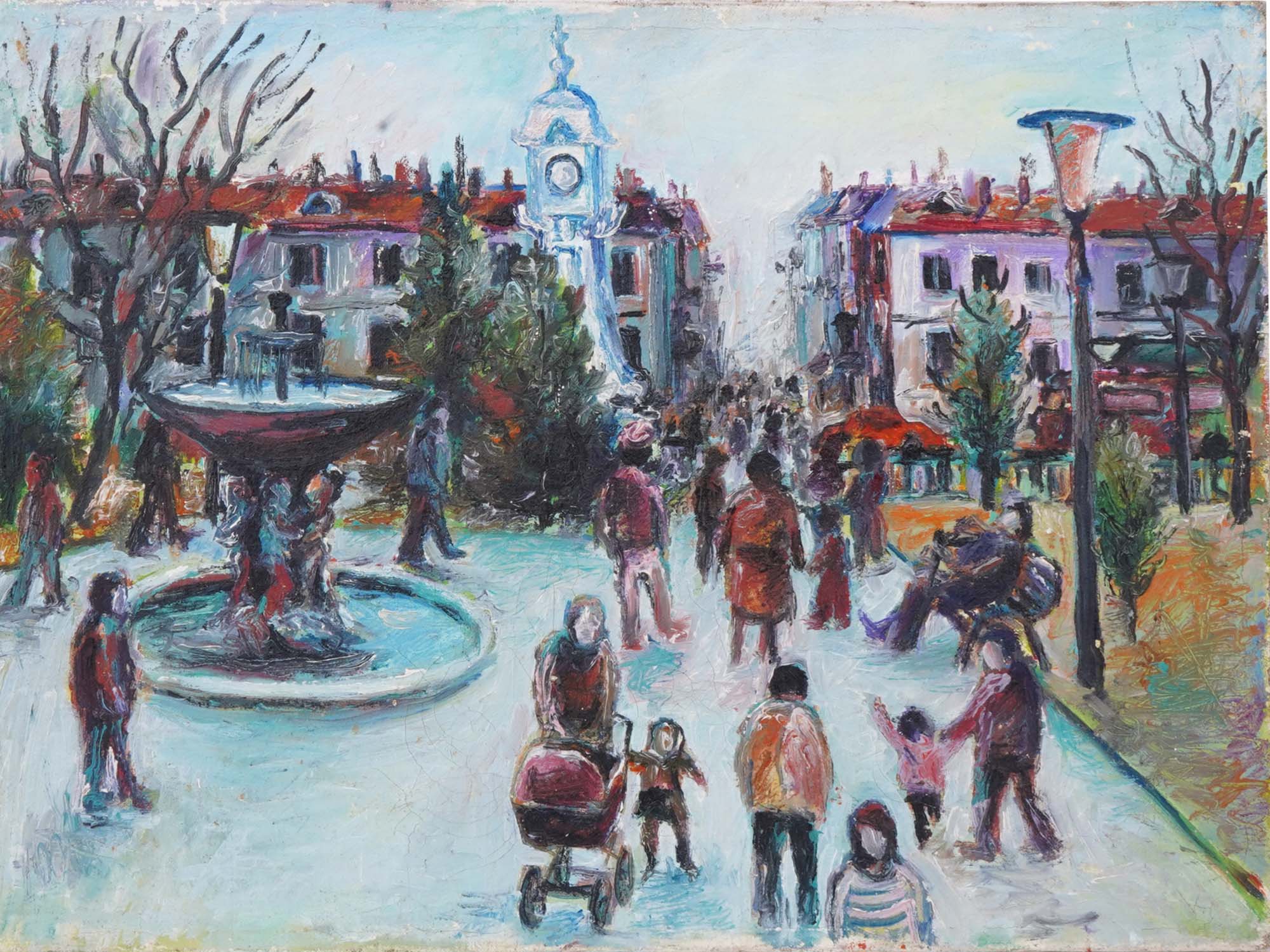 VINTAGE RUSSIAN TOWN SQUARE OIL PAINTING UNSIGNED PIC-1