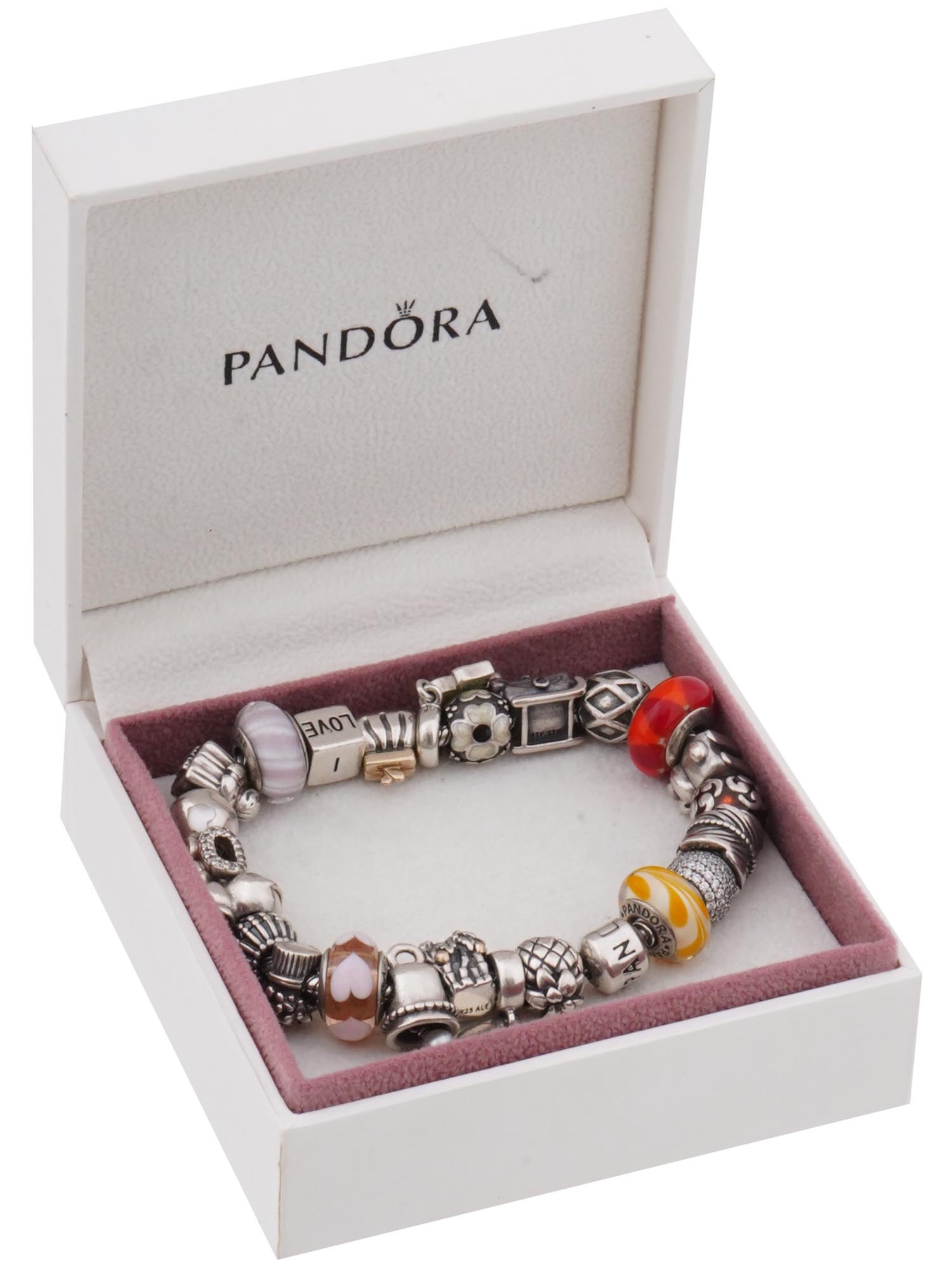 PANDORA BRACELET W SILVER AND GOLD BRAND CHARMS PIC-0