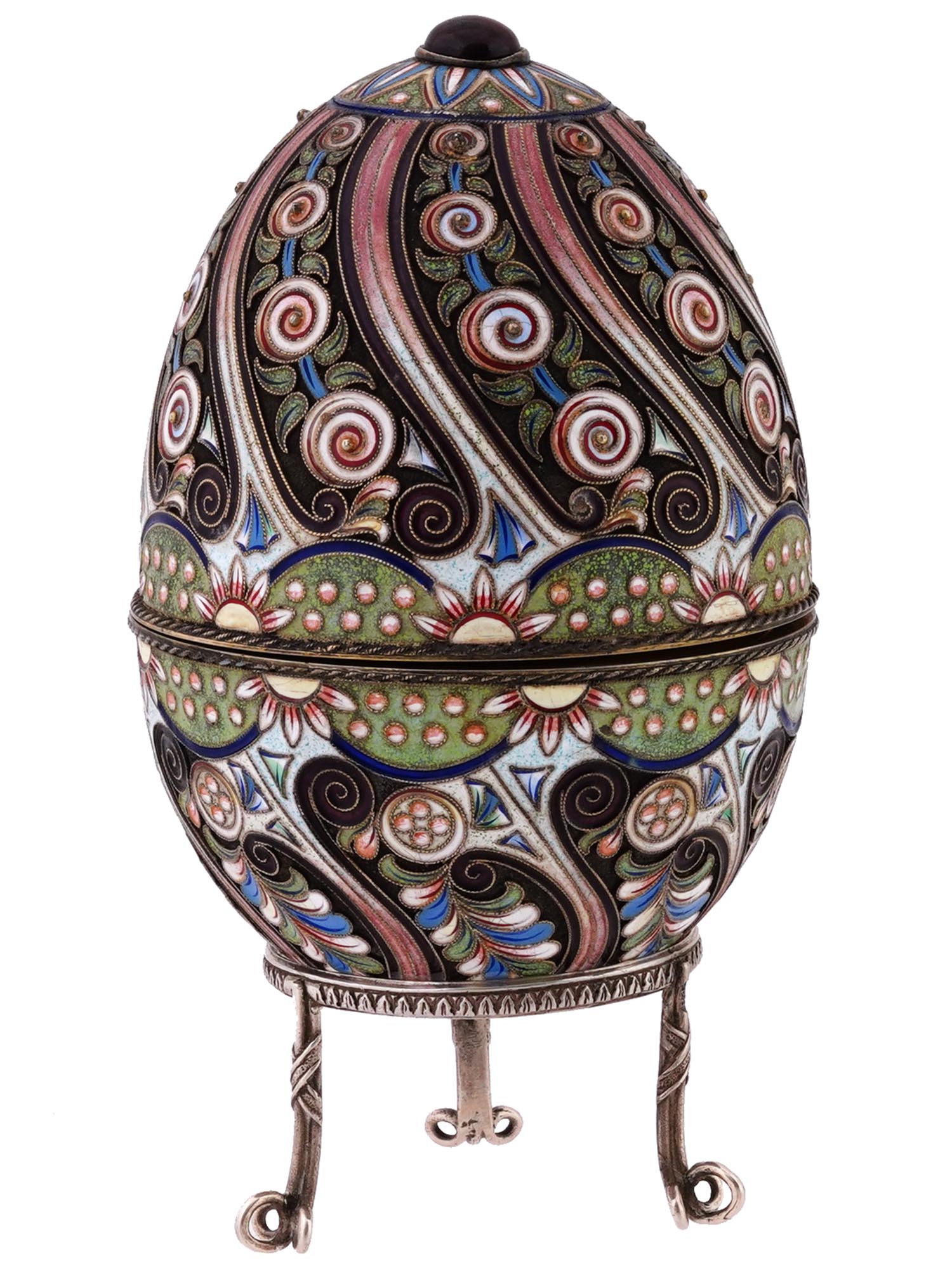 RUSSIAN GILT SILVER CLOISONNE ENAMEL EGG CASKET PIC-0