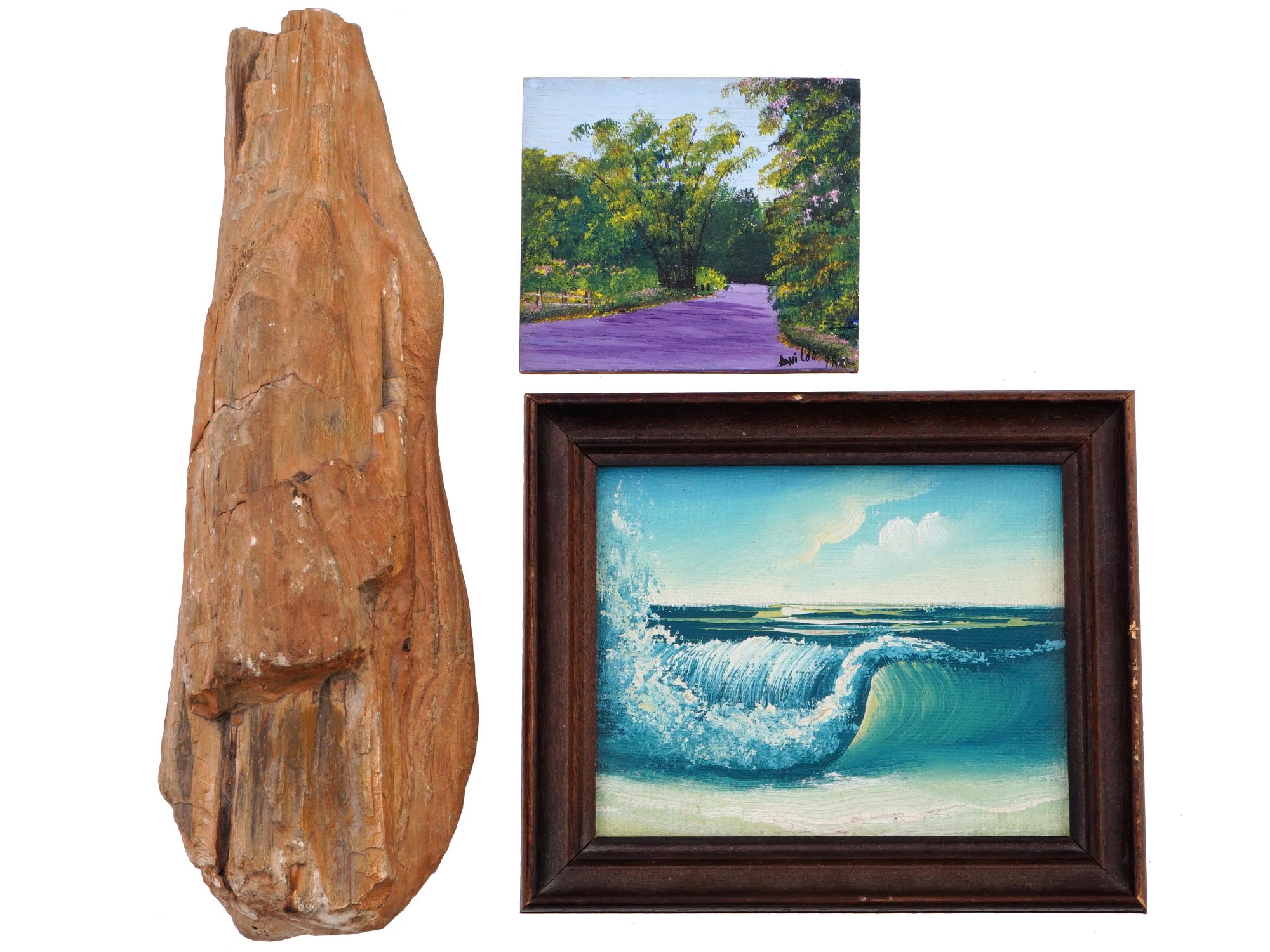 TWO OIL ON BOARD PAINTINGS AND PETRIFIED WOOD PIECE PIC-0