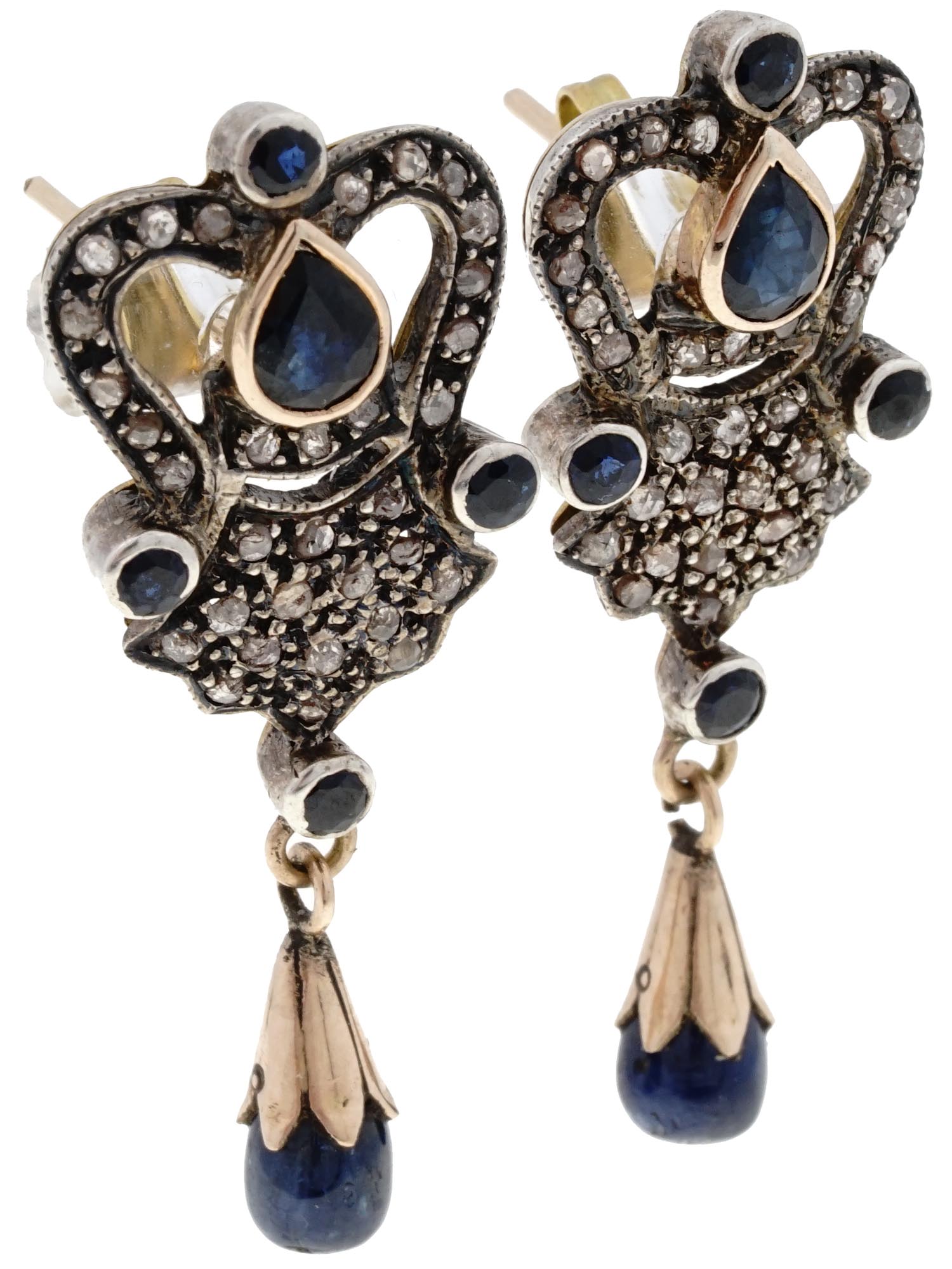 ANTIQUE ENGLISH GOLD DIAMOND SAPPHIRE EARRINGS PIC-1