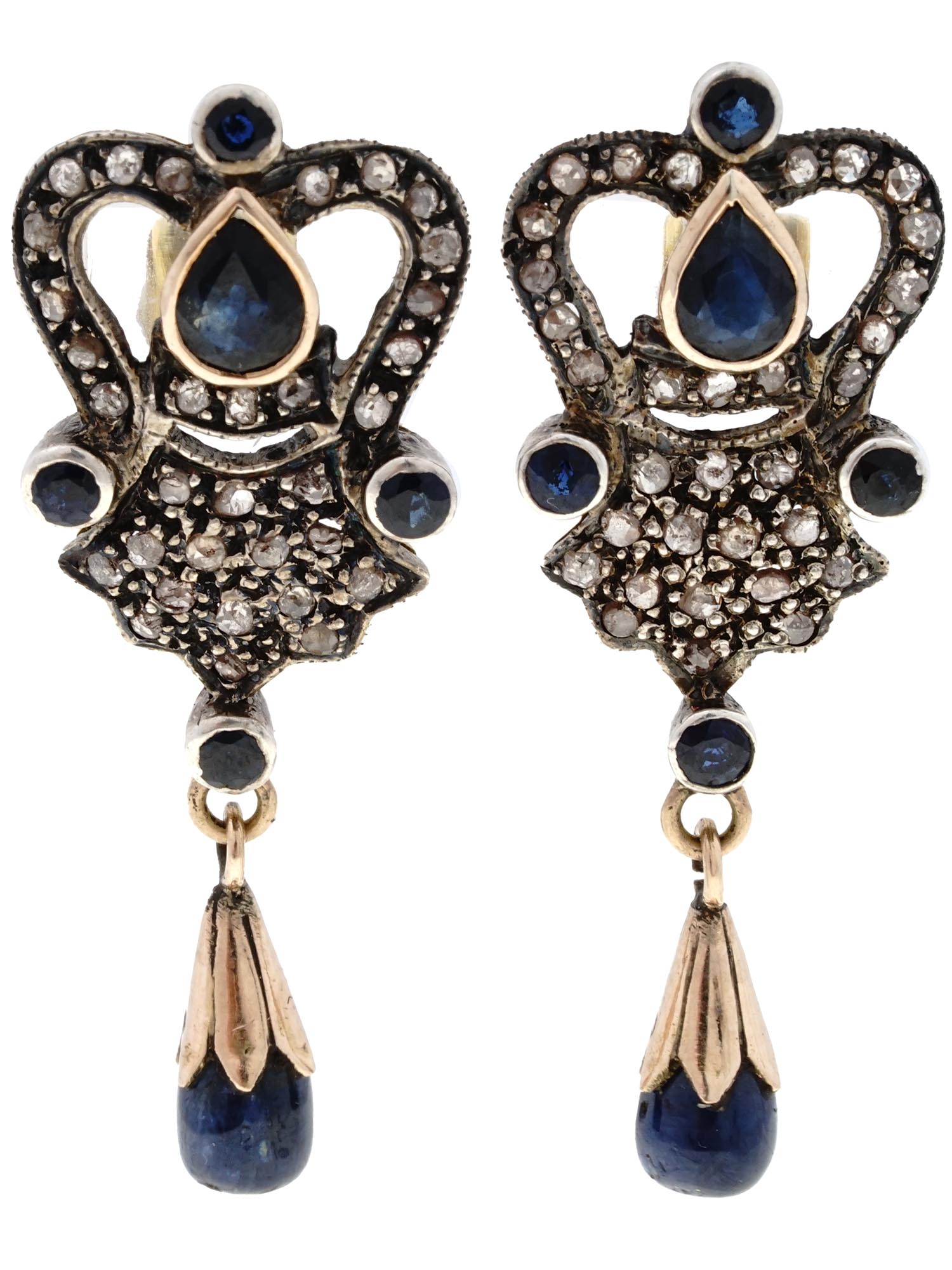 ANTIQUE ENGLISH GOLD DIAMOND SAPPHIRE EARRINGS PIC-2