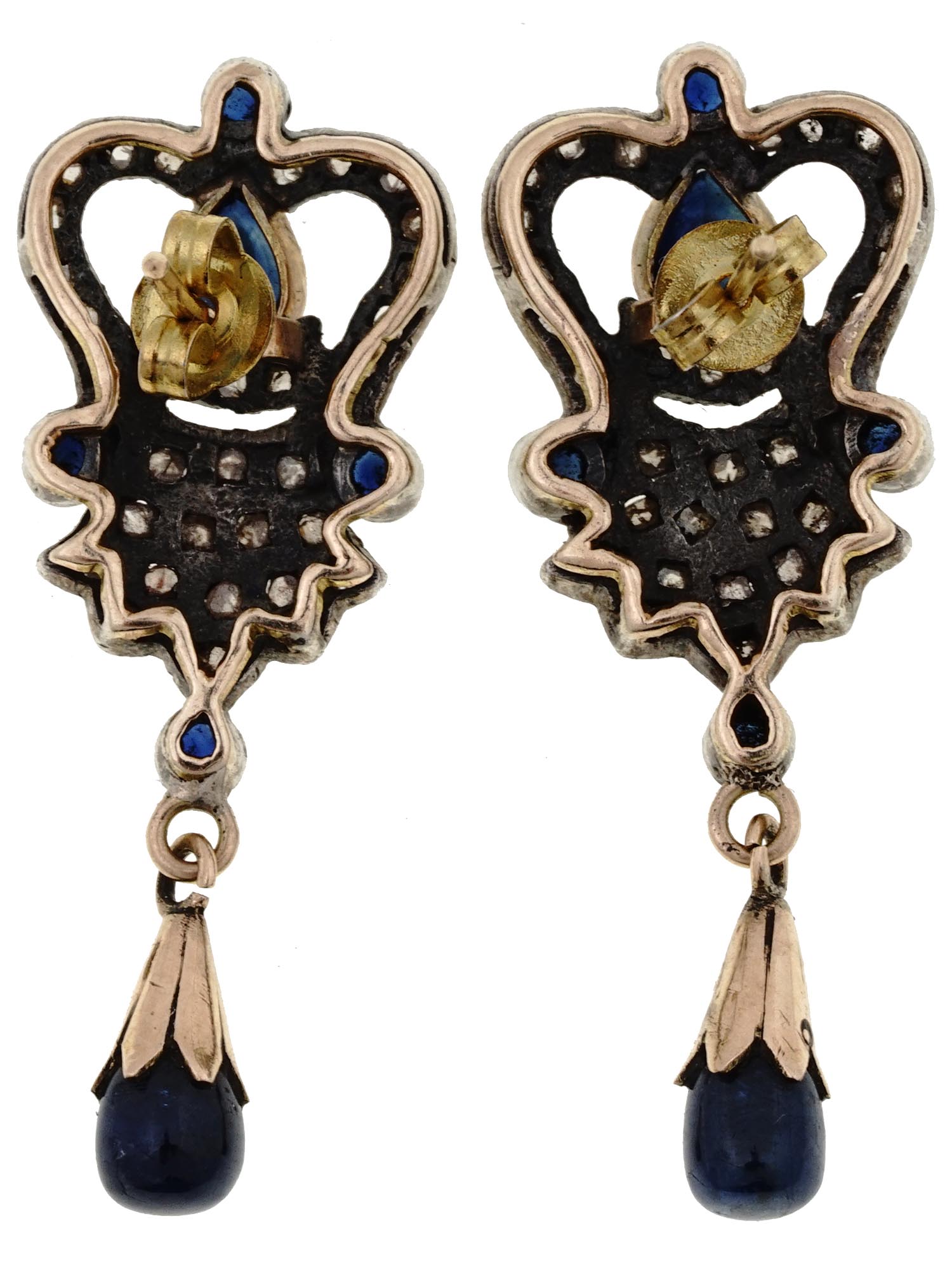 ANTIQUE ENGLISH GOLD DIAMOND SAPPHIRE EARRINGS PIC-3