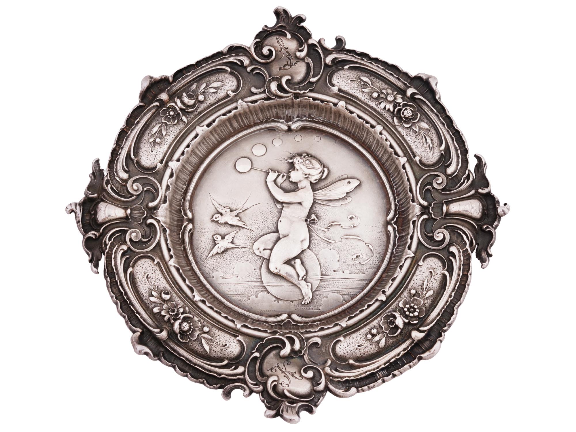 ANTIQUE RUSSIAN SILVER CHASED ASHTRAY WITH CUPID PIC-1