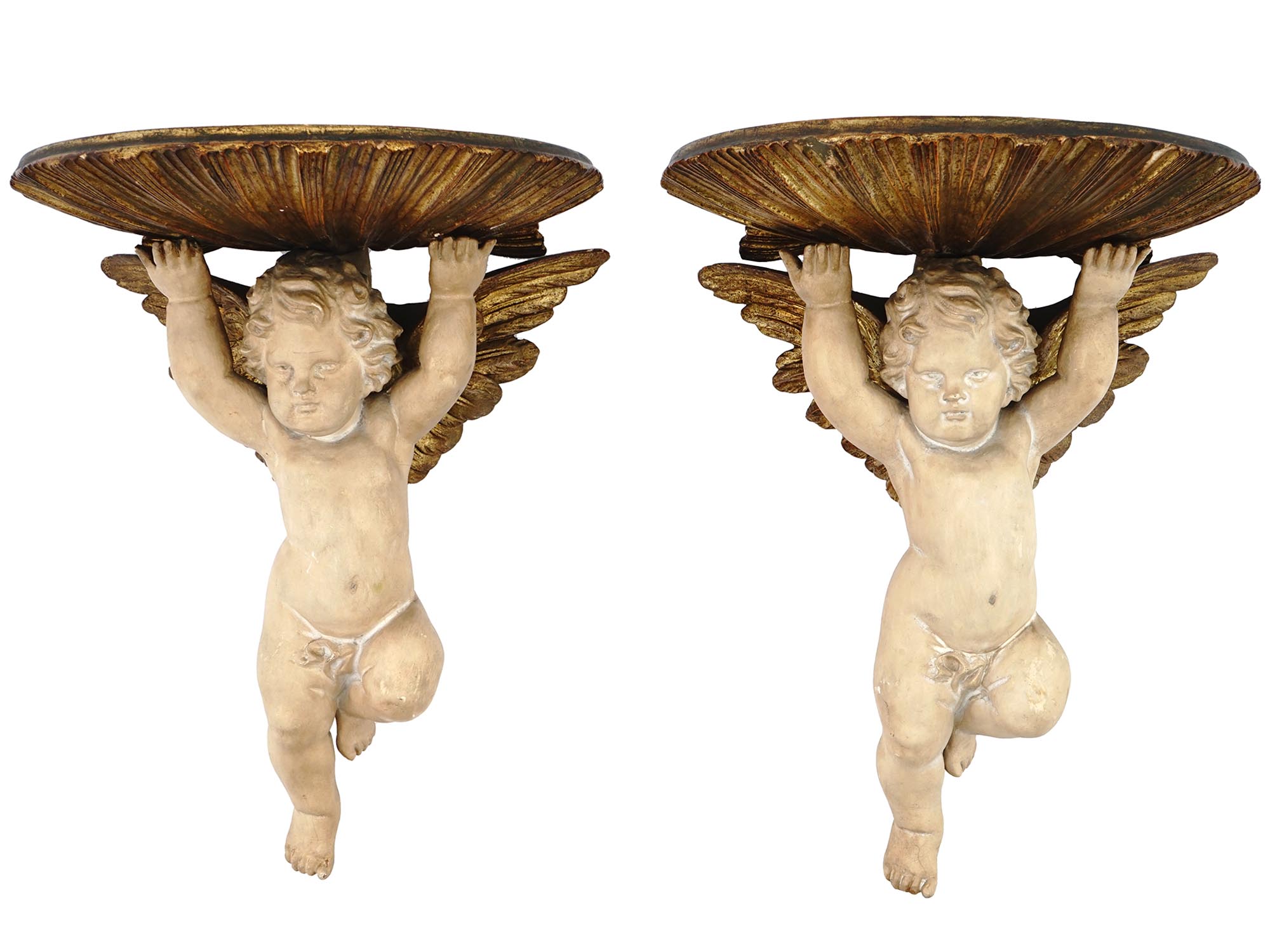 ITALIAN GILT CARVED WOOD WALL BRACKETS WITH PUTTI PIC-0