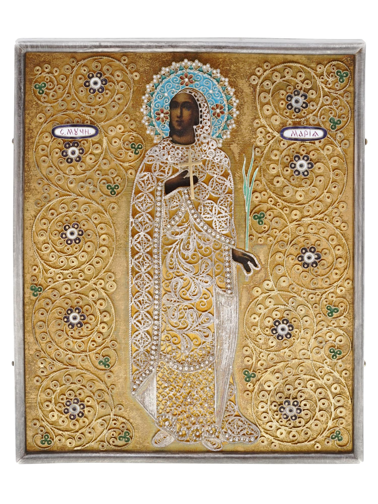 RUSSIAN SAINT MARIA ICON GILT SILVER ENAMEL RIZA PIC-0